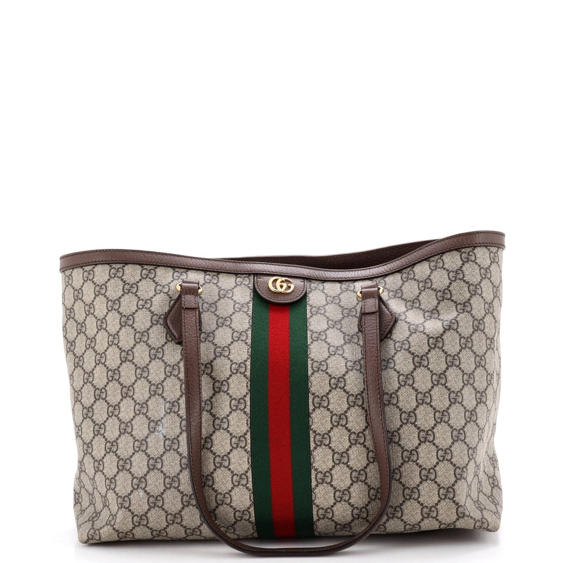 Gucci Ophidia shopping tote medium coated canvas: Gucci Ophidia shopping tote medium coated canvas Medium Gucci Ophidia shopping tote in brown canvas, featuring gold hardware and neutral microfiber interior. This stylish tote boasts a classic design