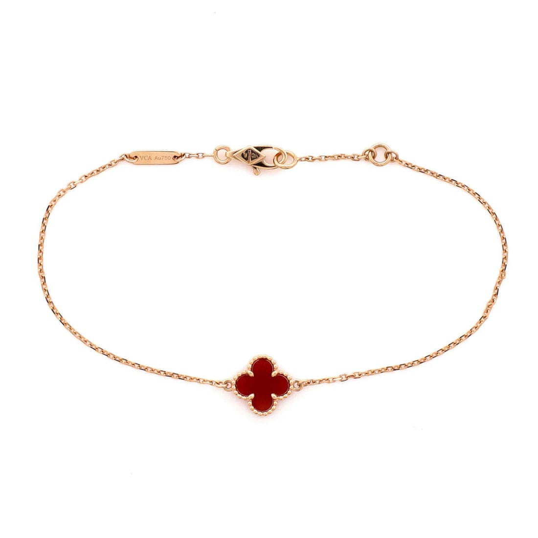 Carnelian 18K Rose Gold Alhambra Van Cleef Arpels: Carnelian 18K Rose Gold Alhambra Van Cleef Arpels 18K Rose Gold Alhambra Van Cleef Arpels features a vibrant Carnelian stone, set in a classic Sweet Alhambra bracelet design. The piece boasts 18K rose