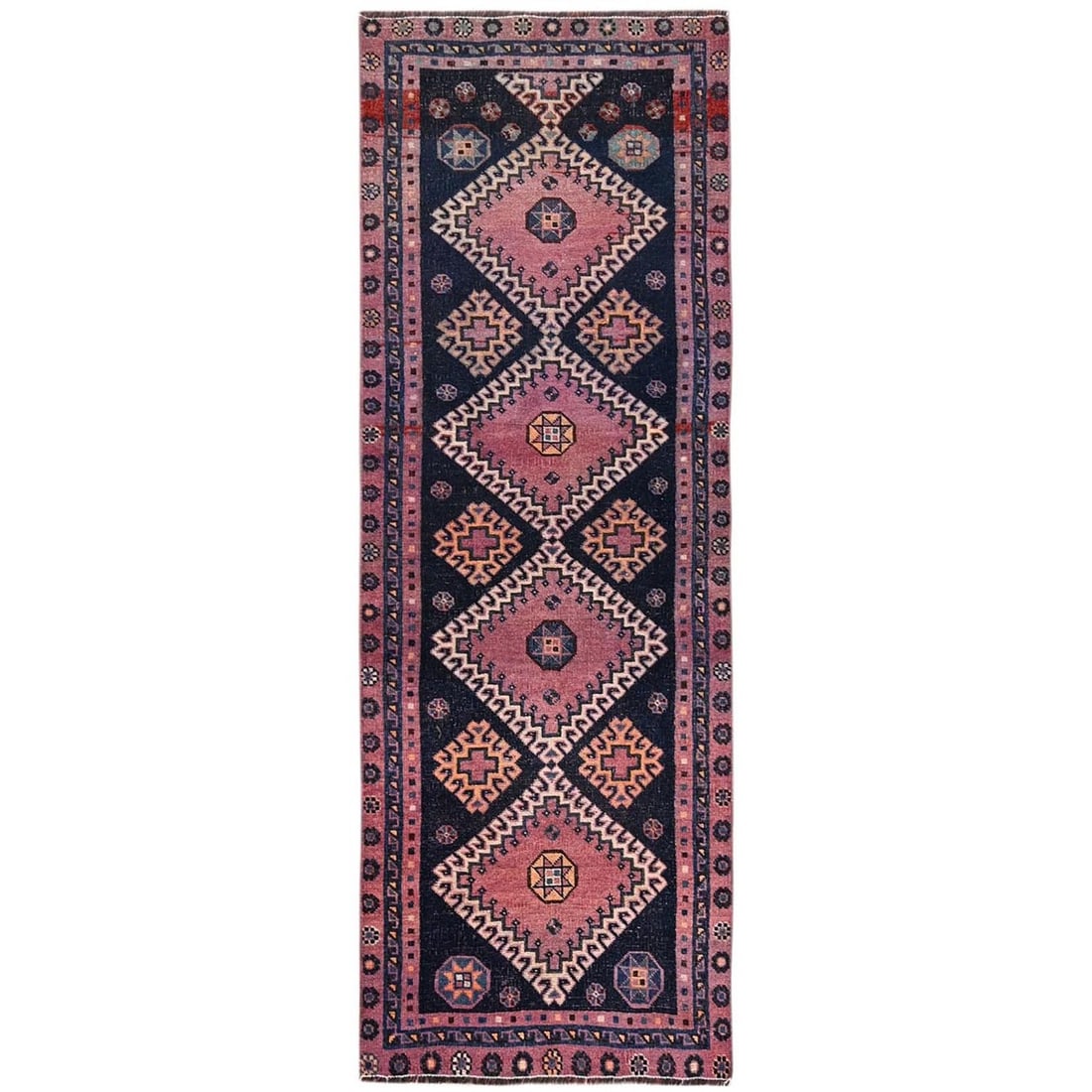 2'8"x8' Navy Blue Vintage Zoroastrian Sheeraz Hand Knotted Wool Runner Rug: 2'8"x8' Navy Blue Vintage Zoroastrian Sheeraz Hand Knotted Wool Runner Rug Navy blue wool runner rug with intricate medallion pattern, hand-knotted in traditional Zoroastrian style from Turkey. This