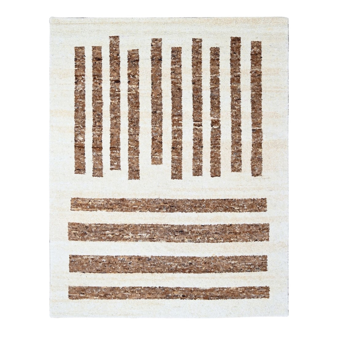 8'2"x9'10"Brown Wool Minimalist Stripe Design Hand Knotted Oriental Rug: 8'2"x9'10"Brown Wool Minimalist Stripe Design Hand Knotted Oriental Rug Made from 100% wool, this 8'2"x9'10" brown striped design hand-knotted Oriental rug boasts a minimalist aesthetic. Its natural f