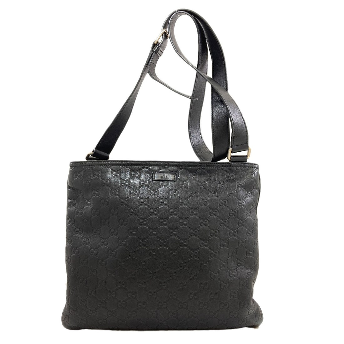 Gucci 201446 Gg Signature Guccissima Shoulder Bag Leather: Gucci 201446 Gg Signature Guccissima Shoulder Bag Leather Signature Guccissima details adorn this sleek black leather shoulder bag from GUCCI, adding a touch of luxury to its understated design. The b
