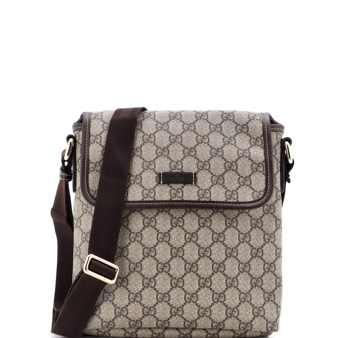 Gucci Coated Canvas Small Messenger Flap GG: Gucci Coated Canvas Small Messenger Flap GG Small Gucci Coated Canvas Flap Messenger Bag in Brown, featuring a classic cross body design with heavy edge wear and scuffs on the exterior. The bag's canv