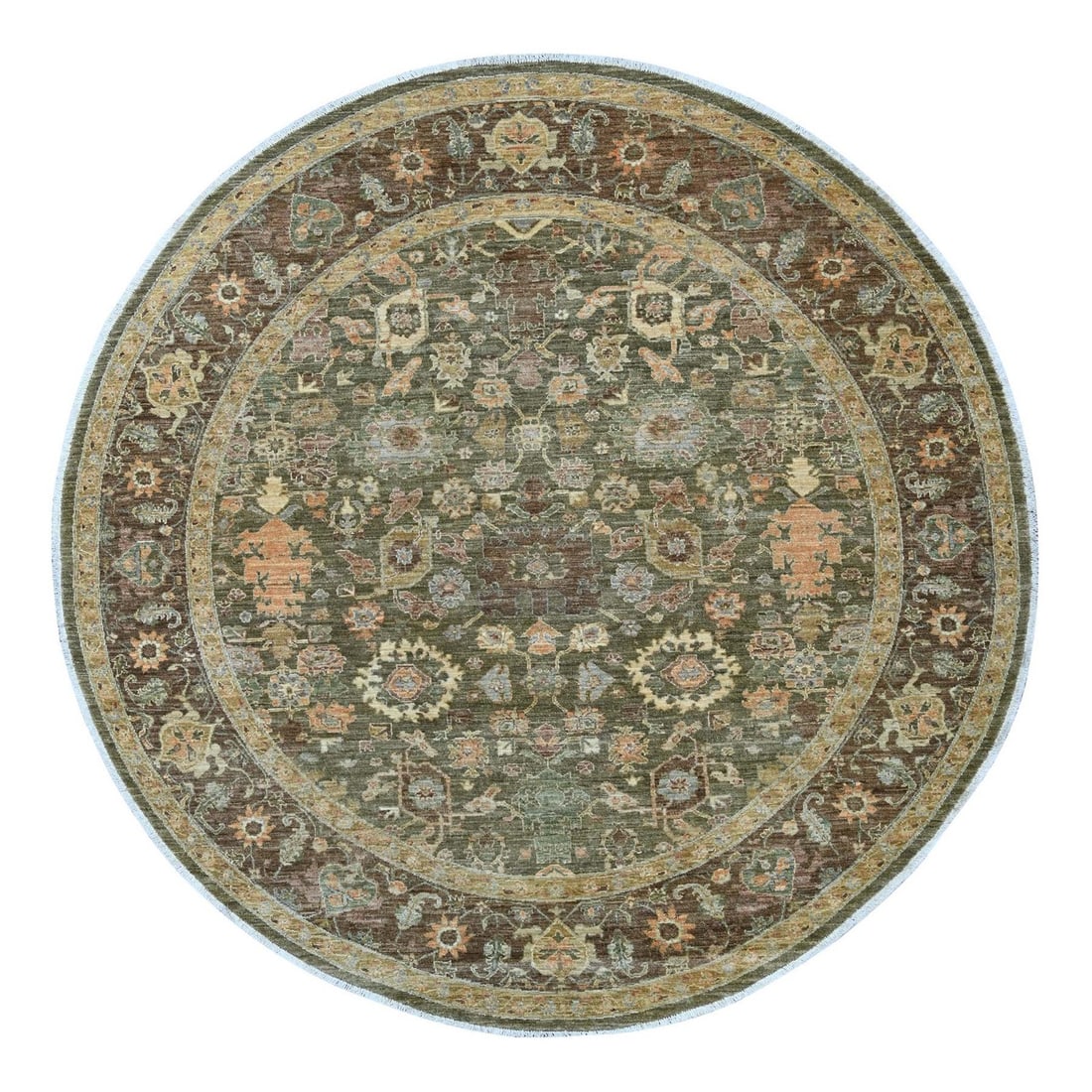 8'4"x8'4" Green Peshawar Ziegler Mahal Design Hand Knotted Wool Round Rug: 8'4"x8'4" Green Peshawar Ziegler Mahal Design Hand Knotted Wool Round Rug The Peshawar Ziegler Mahal design hand knotted wool round rug boasts an all-over regional Oriental pattern in vibrant green