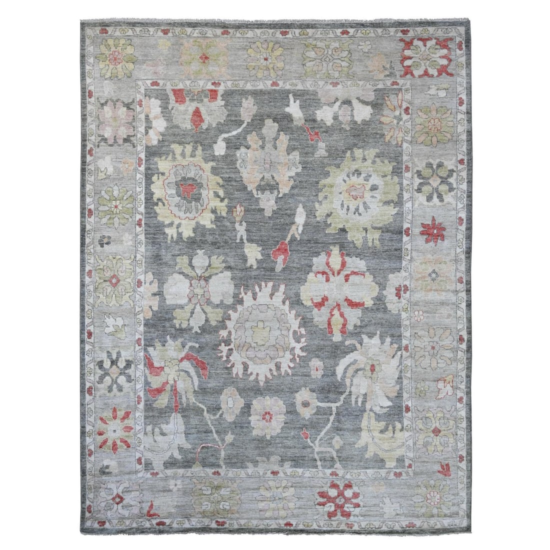 9'1"x12' Charcoal Gray Afghan Angora Oushak Hand Knotted Wool Oriental Rug: 9'1"x12' Charcoal Gray Afghan Angora Oushak Hand Knotted Wool Oriental Rug 9'1" x 12' Charcoal Gray Afghan Angora Oushak Hand Knotted Wool Oriental Rug - A stunning example of traditional Afghan