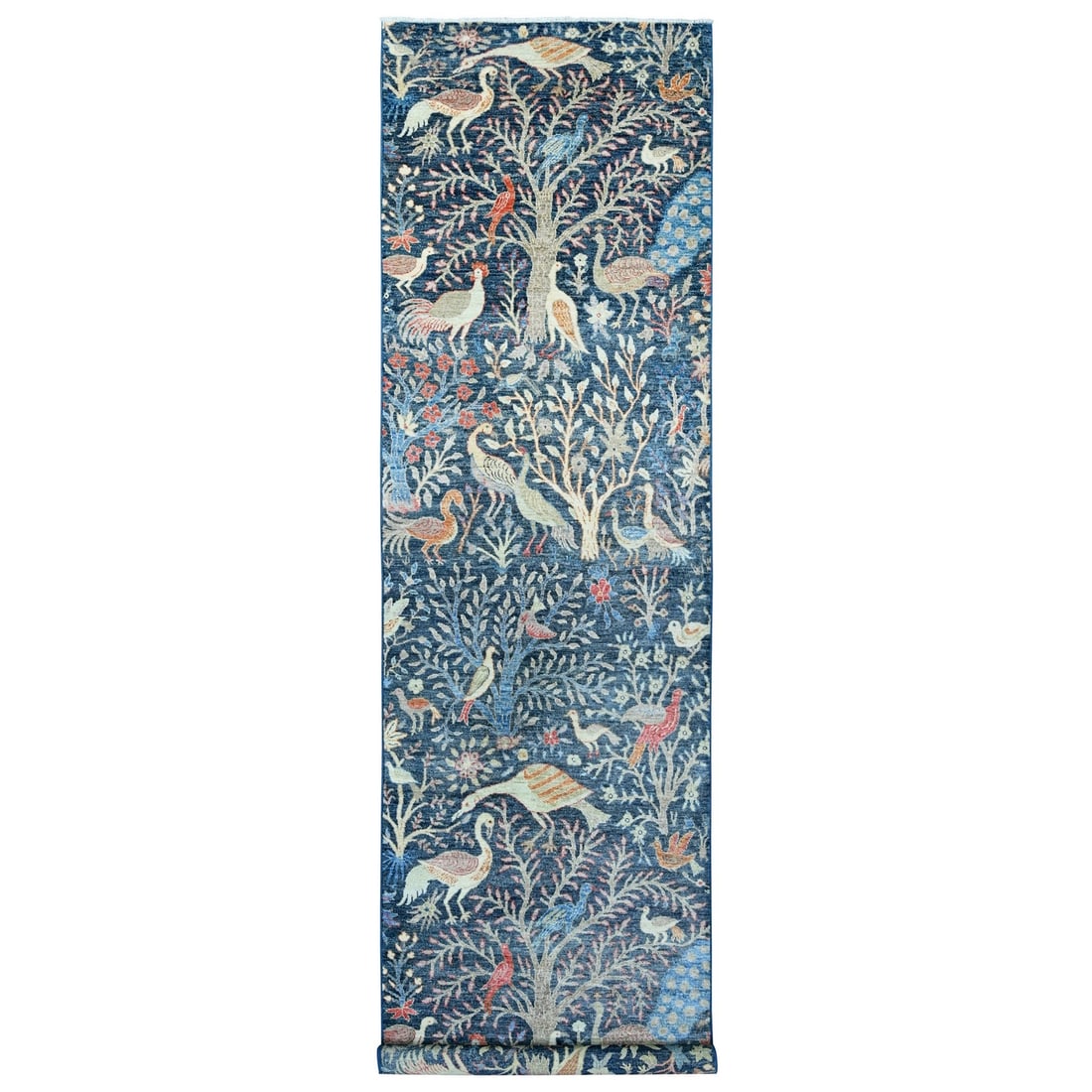 4'x15'8" Blue Hand Knotted Afghan Peshawar Birds Design Wool Runner Rug: 4'x15'8" Blue Hand Knotted Afghan Peshawar Birds Design Wool Runner Rug The Blue Hand Knotted Afghan Peshawar Birds Design Wool Runner Rug boasts vibrant blue hues and intricate bird design patterns,