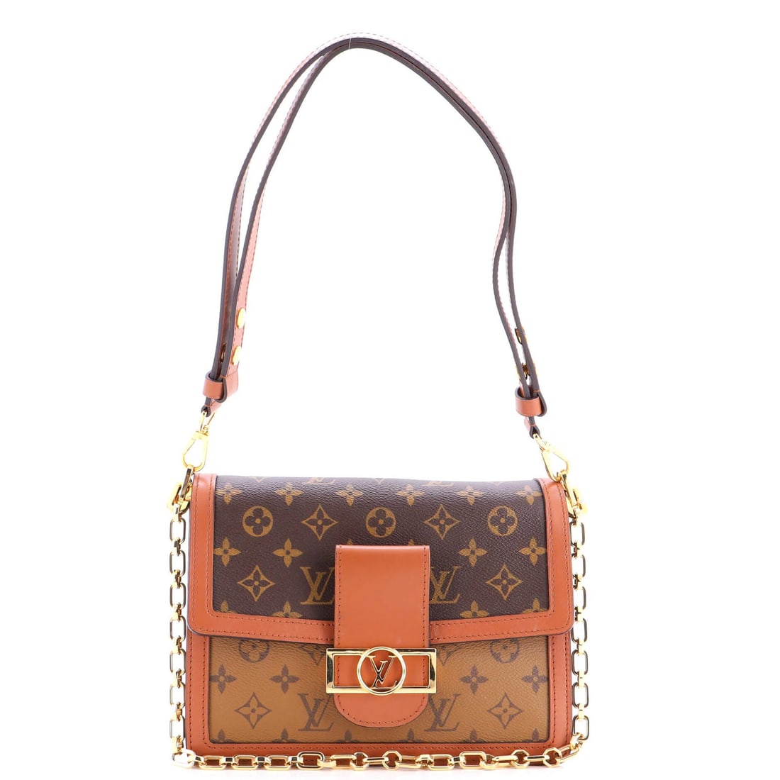 Dauphine Canvas Reverse Bag Shoulder MM Monogram Louis Vuitton: Dauphine Canvas Reverse Bag Shoulder MM Monogram Louis Vuitton Brown Louis Vuitton Dauphine Canvas Reverse Bag Shoulder MM Monogram features a classic design with a reverse monogram canvas exterior,