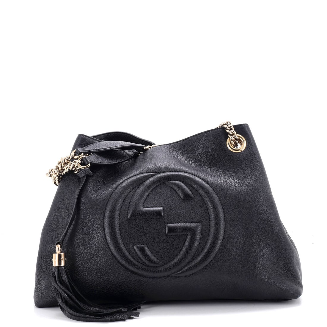 Soho Chain Strap Leather Bag Medium Shoulder Gucci: Soho Chain Strap Leather Bag Medium Shoulder Gucci Black leather Soho Chain Strap shoulder bag with gold hardware, featuring a medium size and neutral interior. The exterior shows signs of wear,
