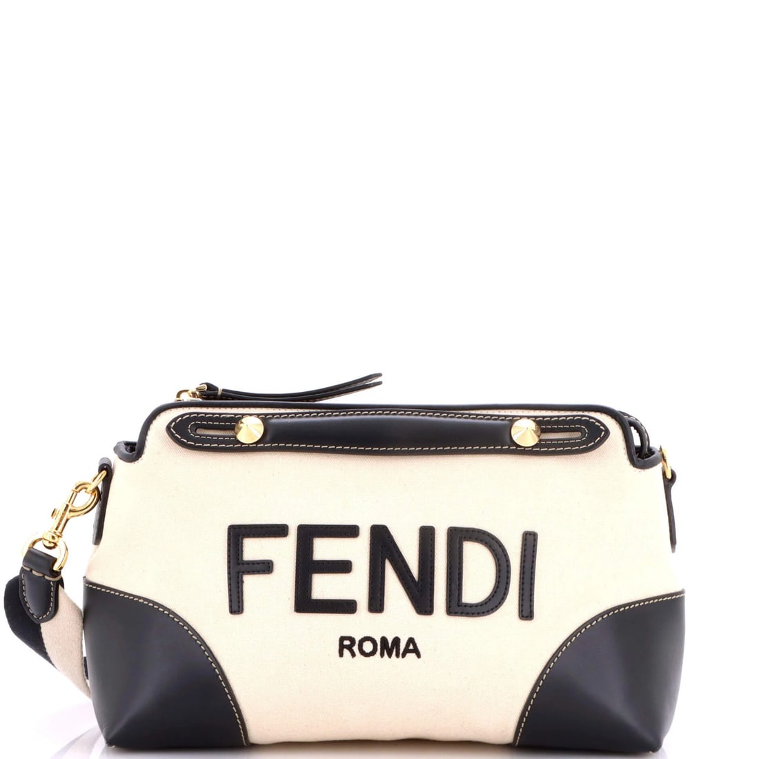 Fendi Logo By The Way Satchel Canvas and Leather Medium: Fendi Logo By The Way Satchel Canvas and Leather Medium Canvas and leather medium Fendi Logo By The Way Satchel with neutral exterior color, black interior, and gold hardware. This great condition