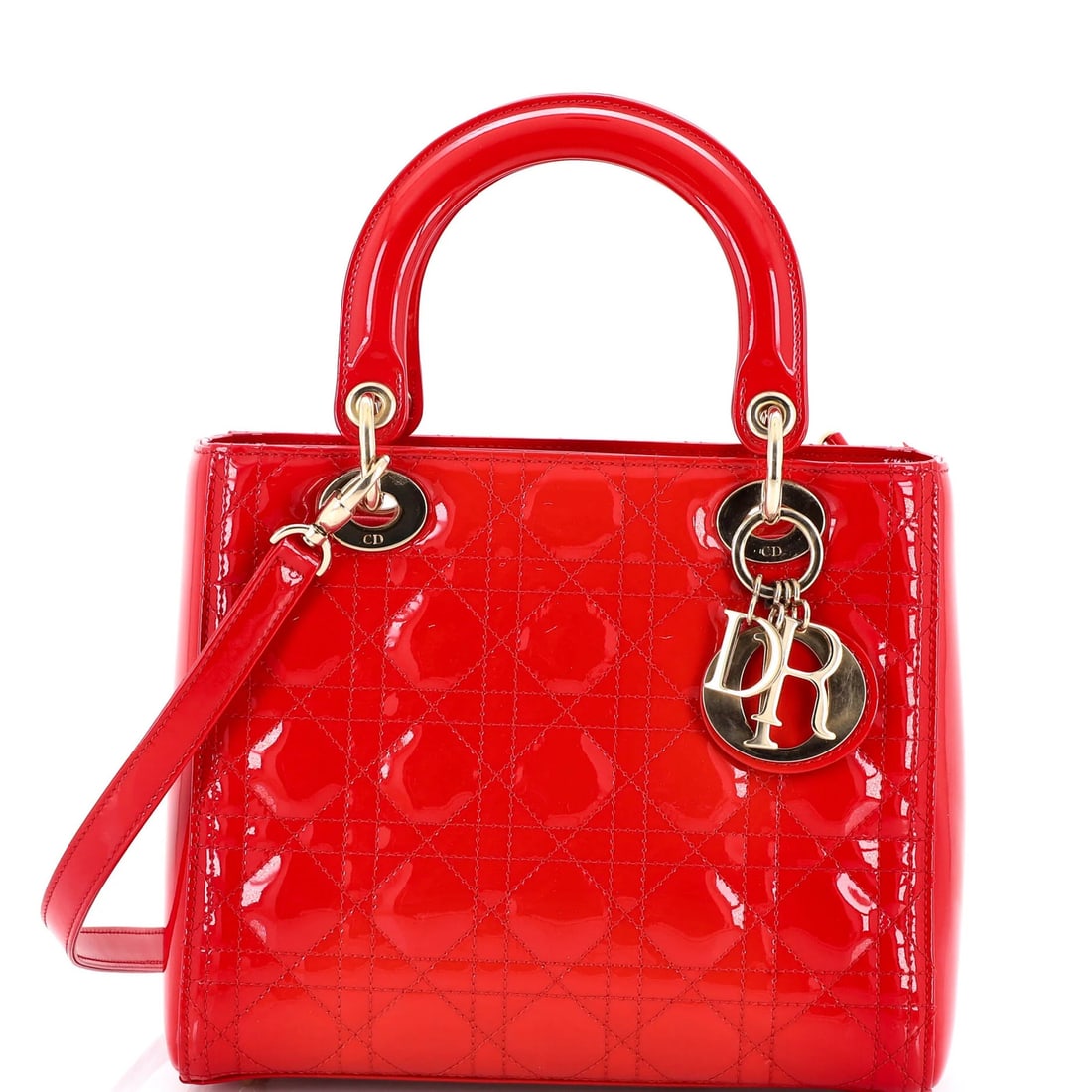 Cannage Quilt Medium Patent Lady Dior Bag Christian: Cannage Quilt Medium Patent Lady Dior Bag Christian Patent leather exterior in vibrant red, the Cannage Quilt Medium Patent Lady Dior Bag boasts a striking design with its top handle and gold-tone