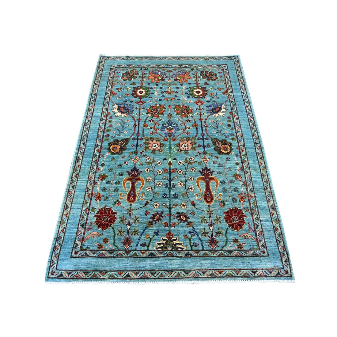 4'x6' Light Blue Hand Knotted Afghan Sultani Denser Weave Pure Wool Rug: 4'x6' Light Blue Hand Knotted Afghan Sultani Denser Weave Pure Wool Rug Light blue hand-knotted Afghan rug with an all-over regional design, featuring a dense weave made from pure wool. This stunning 
