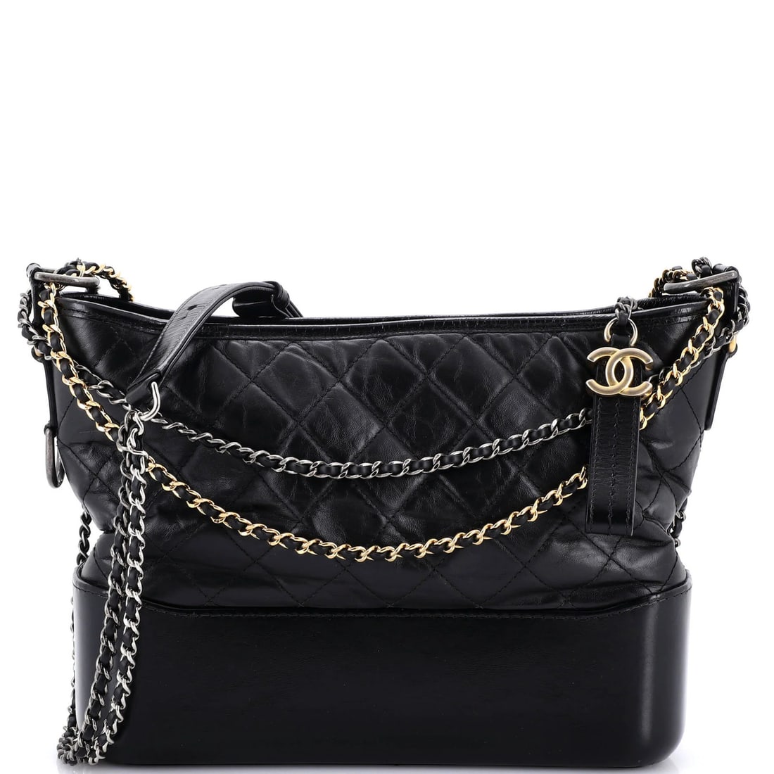 Aged Calfskin Quilted Medium Chanel Medium Hobo: Aged Calfskin Quilted Medium Chanel Medium Hobo Aged Calfskin Quilted Medium Chanel Medium Hobo features a rich, black exterior with heavy corner wear and scuffs, giving it a unique, worn-in look. The