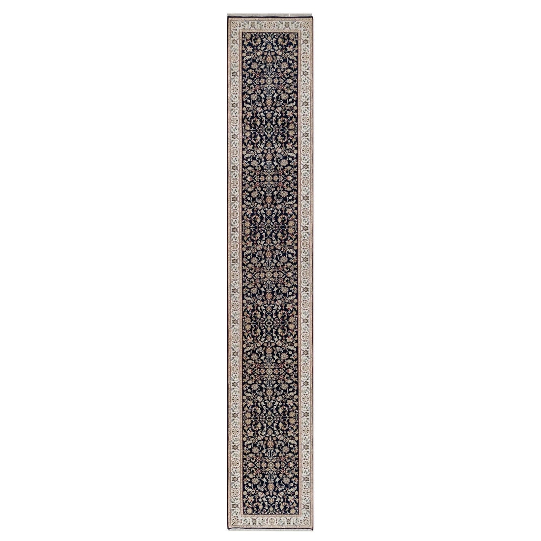 2'7"x16' Blue Nain Floral Design Wool and Silk Hand Knotted Runner Rug: 2'7"x16' Blue Nain Floral Design Wool and Silk Hand Knotted Runner Rug Hand-knotted in wool and silk, this stunning blue Nain floral design rug measures 2'7" x 16', boasting a unique blend of traditio