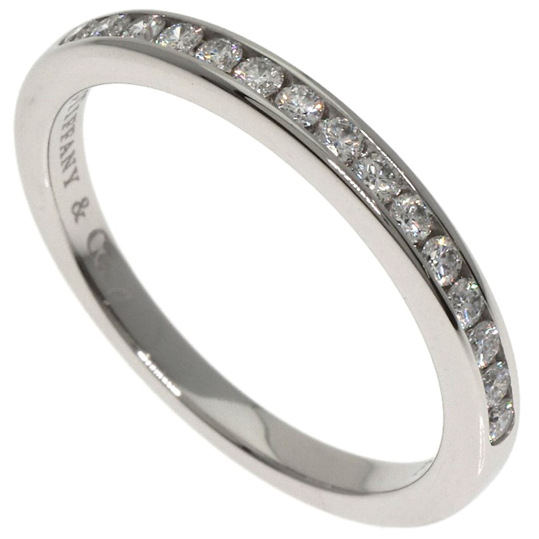 Diamond ring platinum eternity half by Tiffany&Co: Diamond ring platinum eternity half by Tiffany&Co Platinum eternity ring from Tiffany&Co. features a silver metal exterior with a signature and a diamond main stone, set in platinum PT950. The ring si