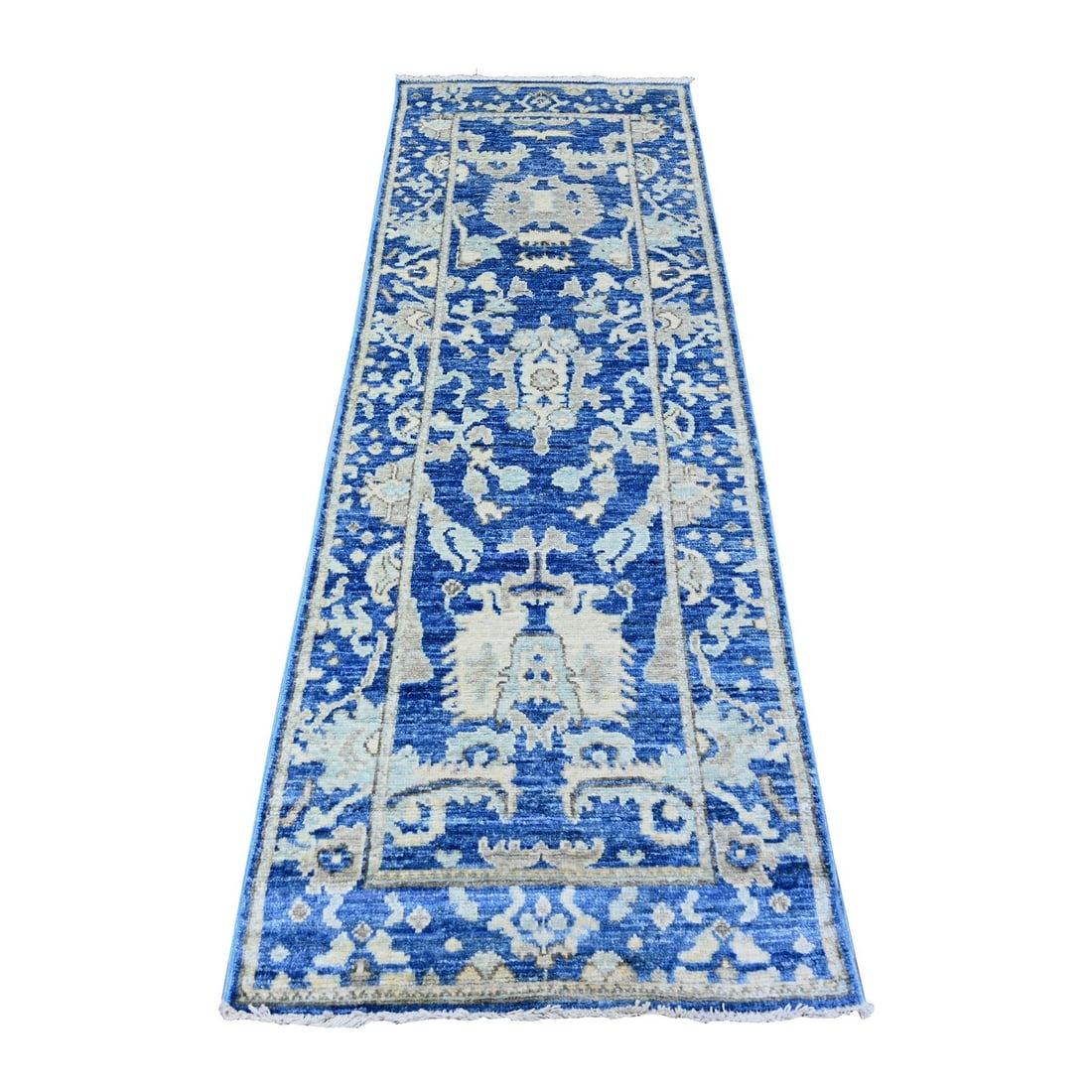 Luxe Blue Afghan Angora Oushak Hand Knotted Wool Runner Rug 2'7"x7'10: Luxe Blue Afghan Angora Oushak Hand Knotted Wool Runner Rug 2'7"x7'10 Luxurious blue hues adorn this stunning hand-knotted Oushak rug, crafted from soft wool and featuring an intricate flatweave desig