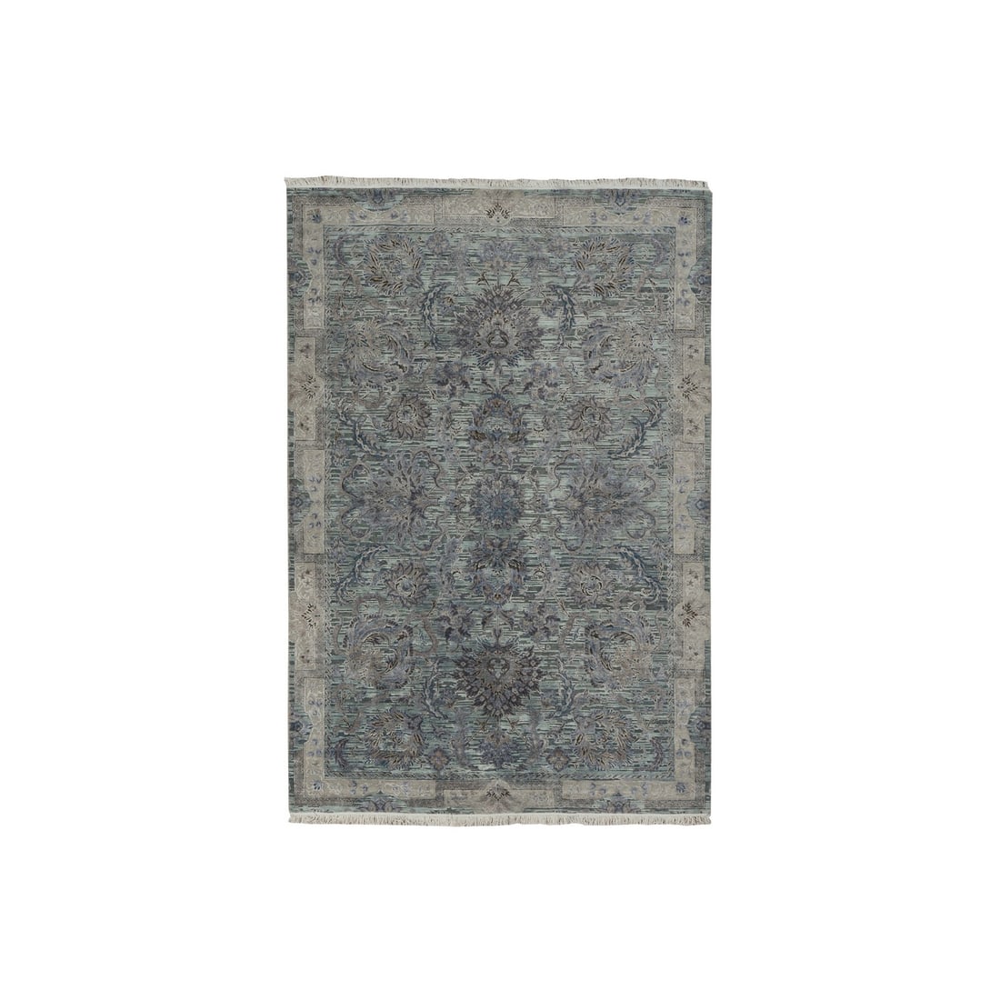 6'x9'1" Green Pure Silk with Wool Mughal Design Hand Knotted Rug: 6'x9'1" Green Pure Silk with Wool Mughal Design Hand Knotted Rug Hand-knotted in wool and silk, this stunning Mughal design rug boasts an intricate green field with subtle border details. The