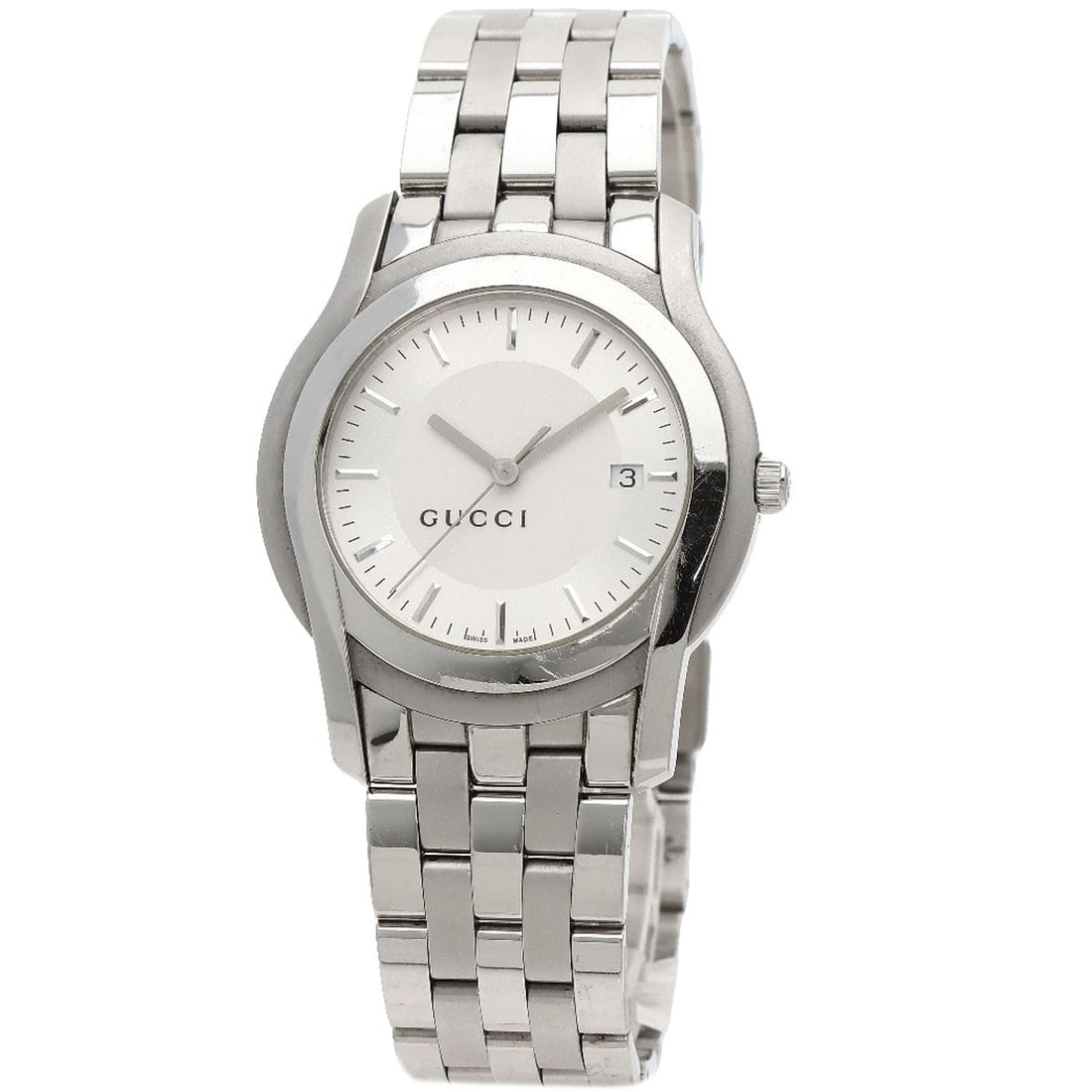 Gucci Round Face Watches 5500Xl Stainless Steel/ Stainless Steel: Gucci Round Face Watches 5500Xl Stainless Steel/ Stainless Steel Stainless steel case and silver bezel add an edgy touch to this sleek round face watch. Featuring a quartz movement and