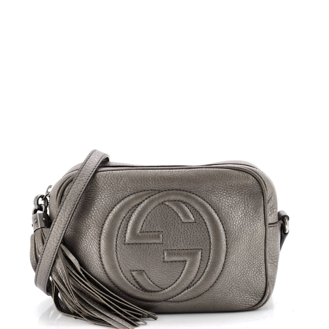 Small Crossbody Bag Leather Disco Gucci Soho: Small Crossbody Bag Leather Disco Gucci Soho Small Leather Gucci Soho Crossbody Bag with Metallic Gray Exterior and Neutral Interior, featuring heavy corner wear, scuffs, and minor cracking. This smal