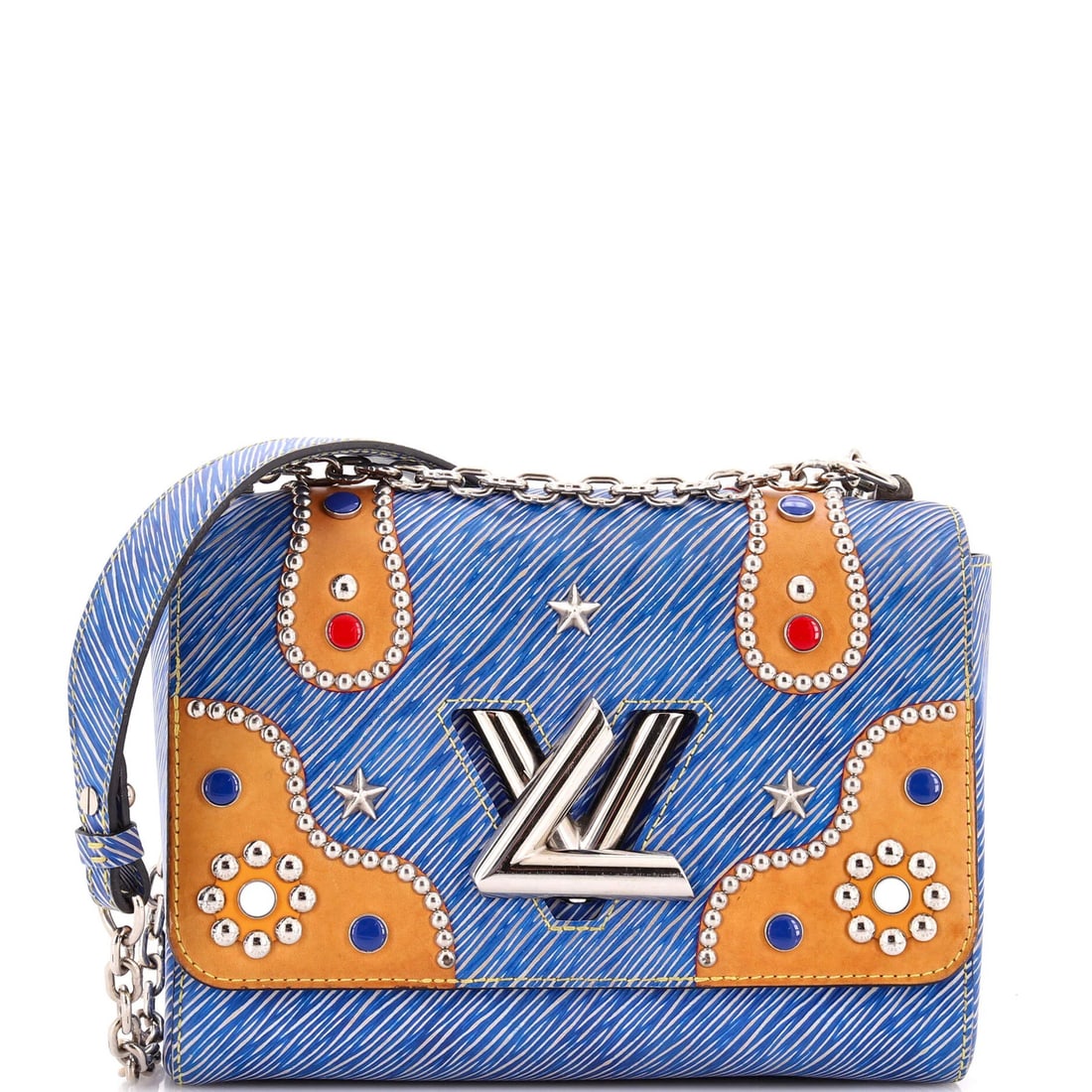 Handbag Twist Louis Vuitton Studded MM Epi Leather: Handbag Twist Louis Vuitton Studded MM Epi Leather Blue Louis Vuitton Twist Handbag Studded Epi Leather MM features a unique cross body design with scuffs, corner wear, and minor creases on the