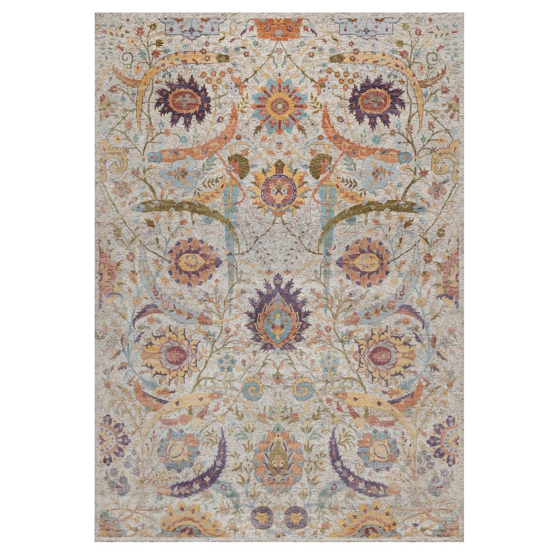 Ivory Silk Hand Knotted Wool With Colorful Sickle Leaf Design 9'10"x14'2: Ivory Silk Hand Knotted Wool With Colorful Sickle Leaf Design 9'10"x14'2 Ivory silk hand-knotted wool rug boasts an all-over colorful sickle leaf design, adding a unique touch to any indoor space.