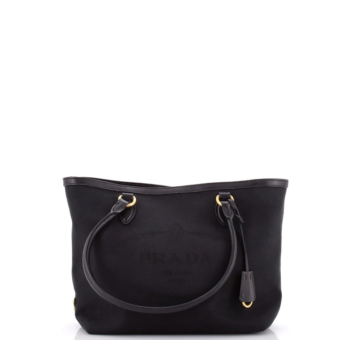 Canvas tote open small Prada logo: Canvas tote open small Prada logo Canvas tote open small Prada logo, featuring black canvas exterior with gold hardware and interior. The bag boasts a classic design with heavy edge wear, scuffs,