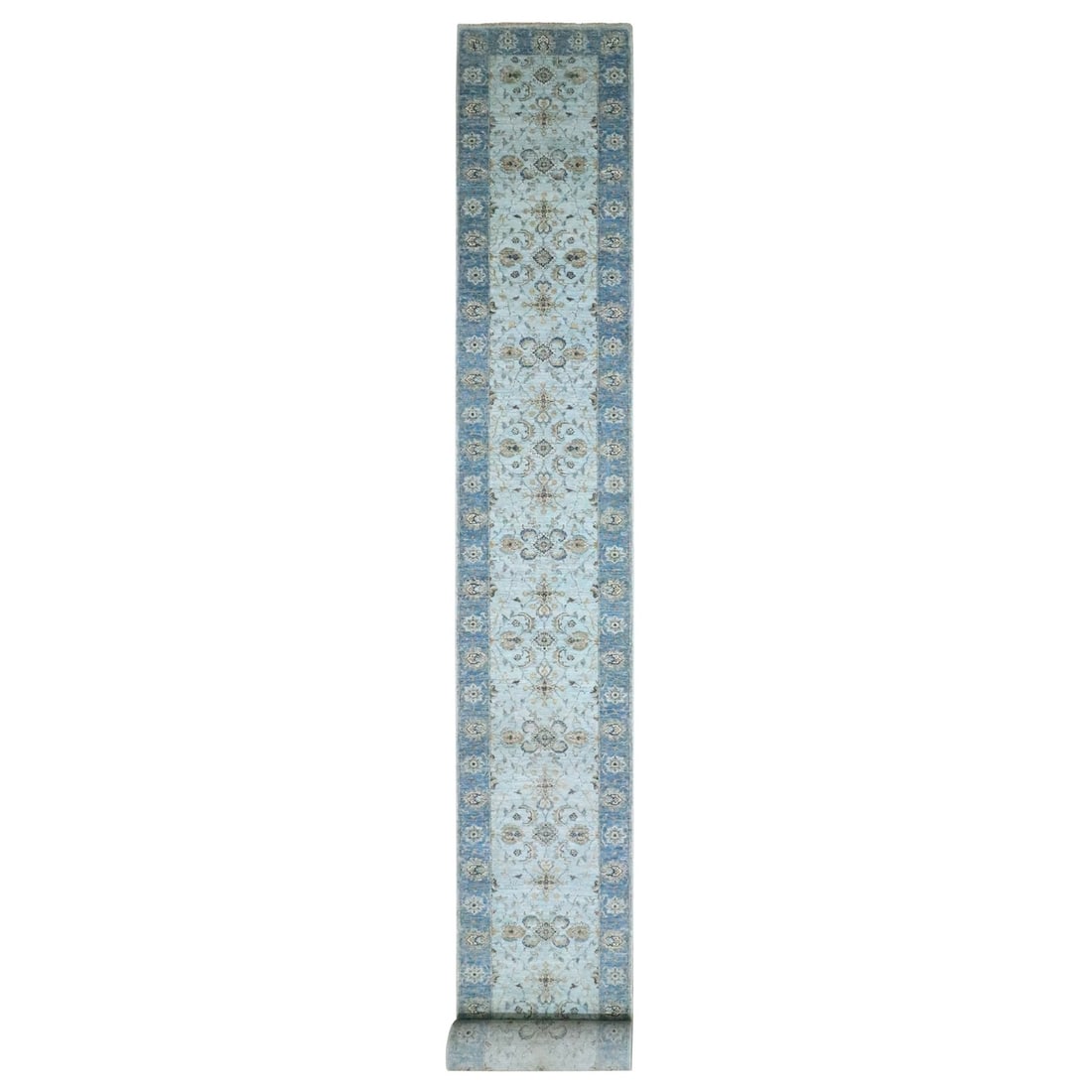 Blue Shah Abbas Flower Design All Wool Hand Knotted Runner Rug 2'7"x25'9: Blue Shah Abbas Flower Design All Wool Hand Knotted Runner Rug 2'7"x25'9 Hand-knotted in wool, this stunning Blue Shah Abbas Flower Design rug boasts an intricate field pattern and rich blue border.