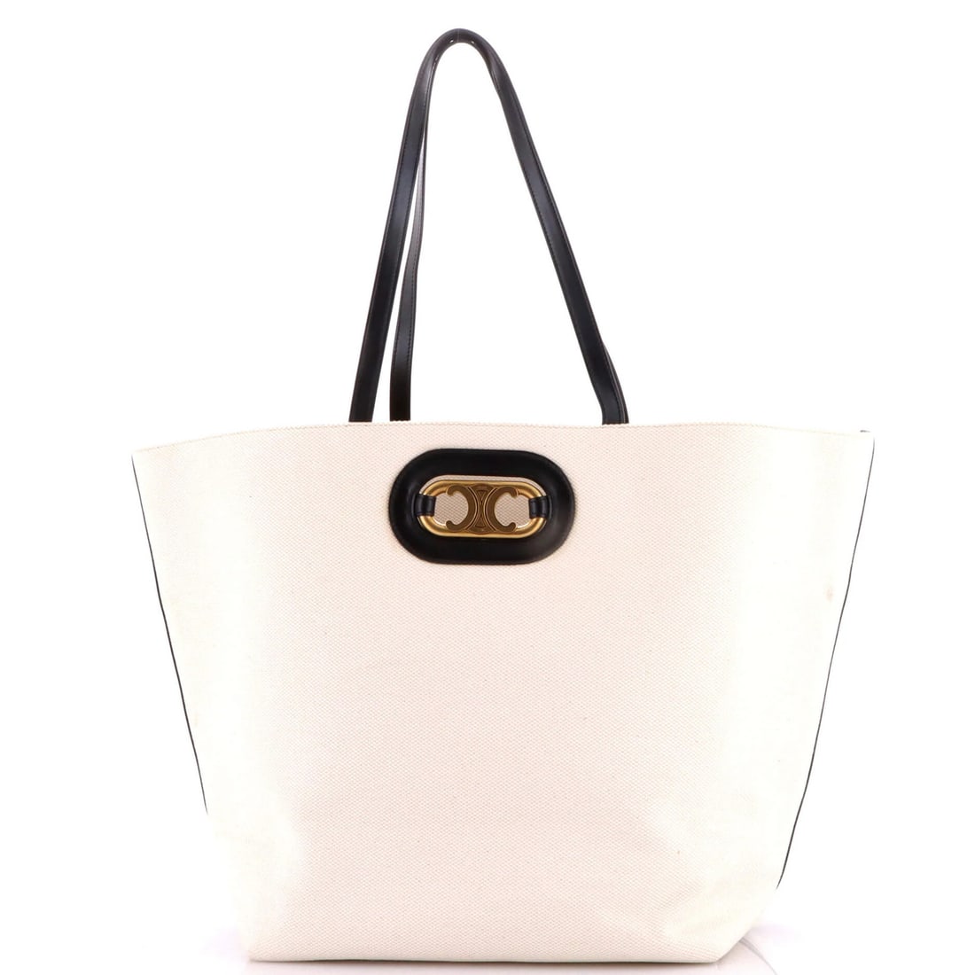 Celine Cabas Maillon Triomphe Bag Canvas: Celine Cabas Maillon Triomphe Bag Canvas Canvas Celine Cabas Maillon Triomphe Bag in Neutral Color. This neutral-toned tote features a canvas exterior with aged gold hardware and minor discoloration