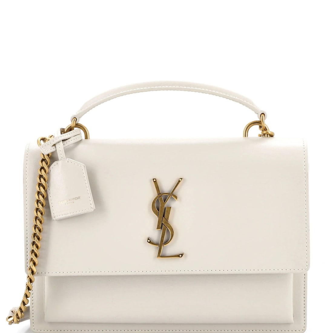 Shoulder Bag Leather Medium Saint Laurent Top Handle Sunset: Shoulder Bag Leather Medium Saint Laurent Top Handle Sunset This medium-sized shoulder bag from Saint Laurent features neutral leather exterior with a subtle sunset hue, complemented by aged gold