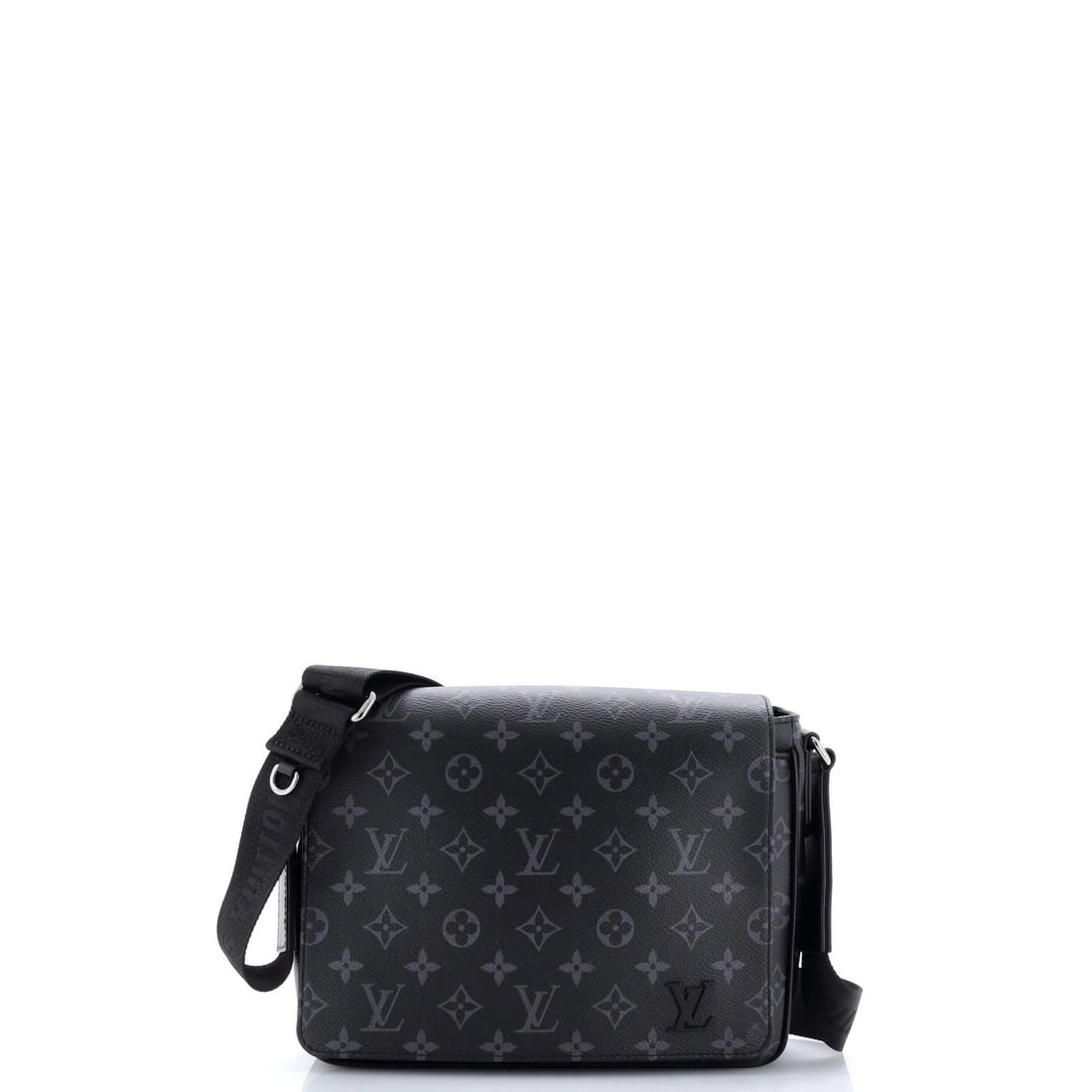 Louis Vuitton District Messenger Bag Monogram Eclipse Canvas PM: Louis Vuitton District Messenger Bag Monogram Eclipse Canvas PM Black Louis Vuitton District Messenger Bag Monogram Eclipse Canvas PM with scuffs and minor edge wear, featuring silver hardware and bla