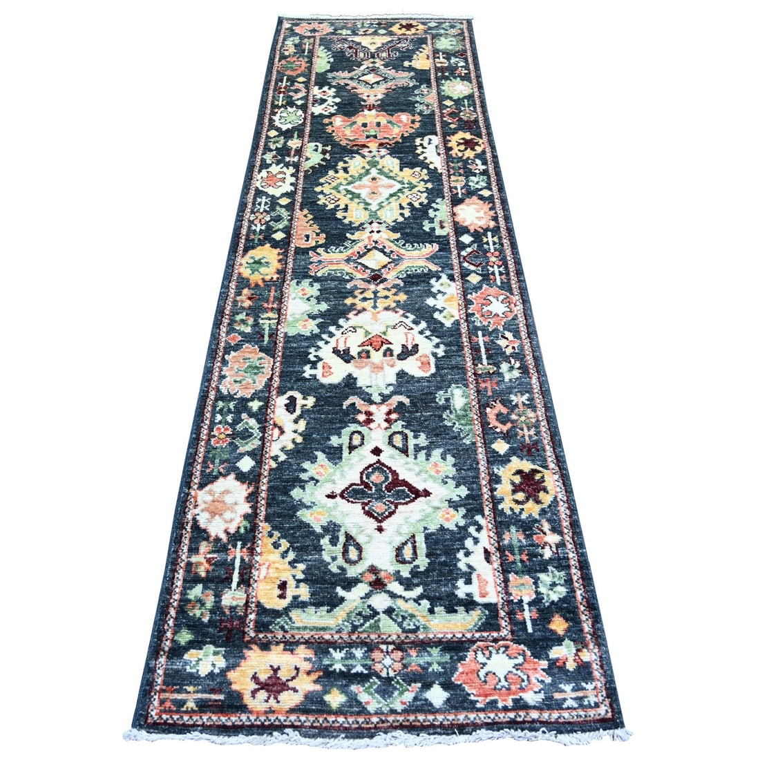True Black Wool 2'9 9'9 Hand Knotted Afghan Angora Oushak Runner Rug: True Black Wool 2'9 9'9 Hand Knotted Afghan Angora Oushak Runner Rug True Black Wool Hand Knotted Afghan Angora Oushak Runner Rug boasts an impressive hand-knotted construction with a rich, deep