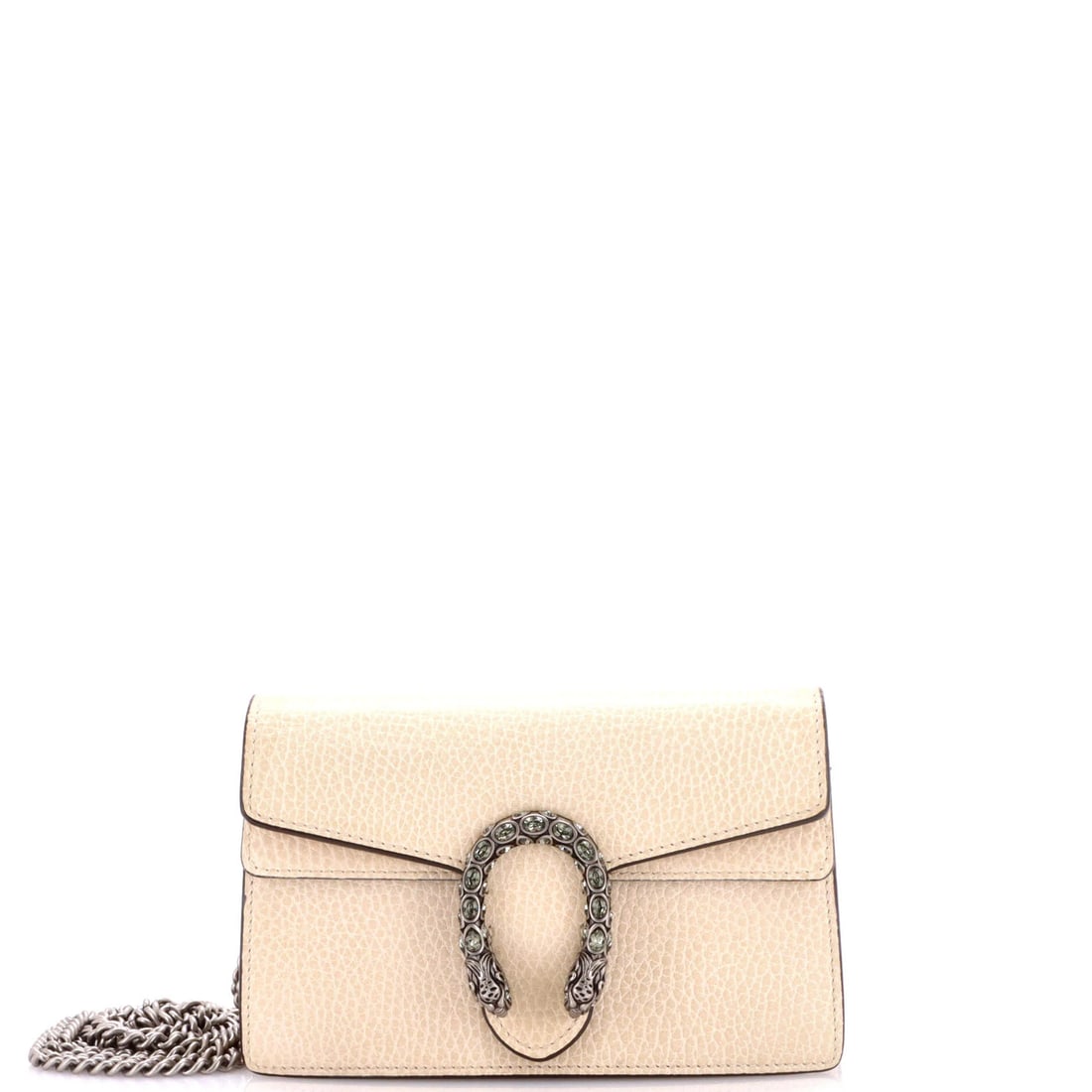 Super mini leather bag by Gucci Dionysus: Super mini leather bag by Gucci Dionysus Super mini leather bag by Gucci Dionysus, featuring neutral exterior and purple interior. This super mini clutch measures 4" height, 6.5" width, and 1.5" depth