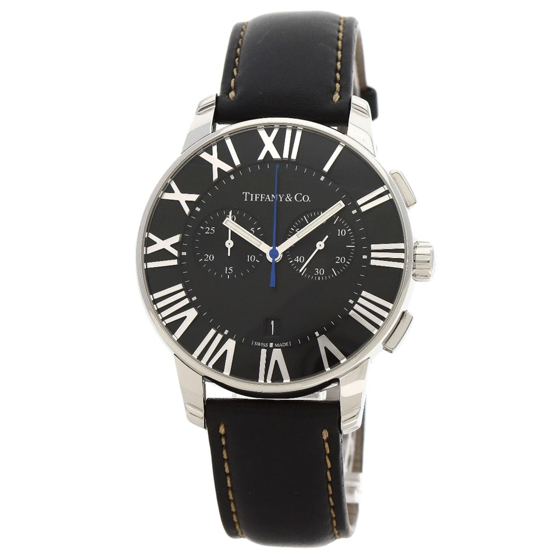 Tiffany&Co. Atlas Dome Chronograph Watches Stainless Steel/ Leather: Tiffany&Co. Atlas Dome Chronograph Watches Stainless Steel/ Leather Stainless steel and sleek leather combine in the Tiffany&Co. Atlas Dome Chronograph Watch, featuring a silver case with a chronograp