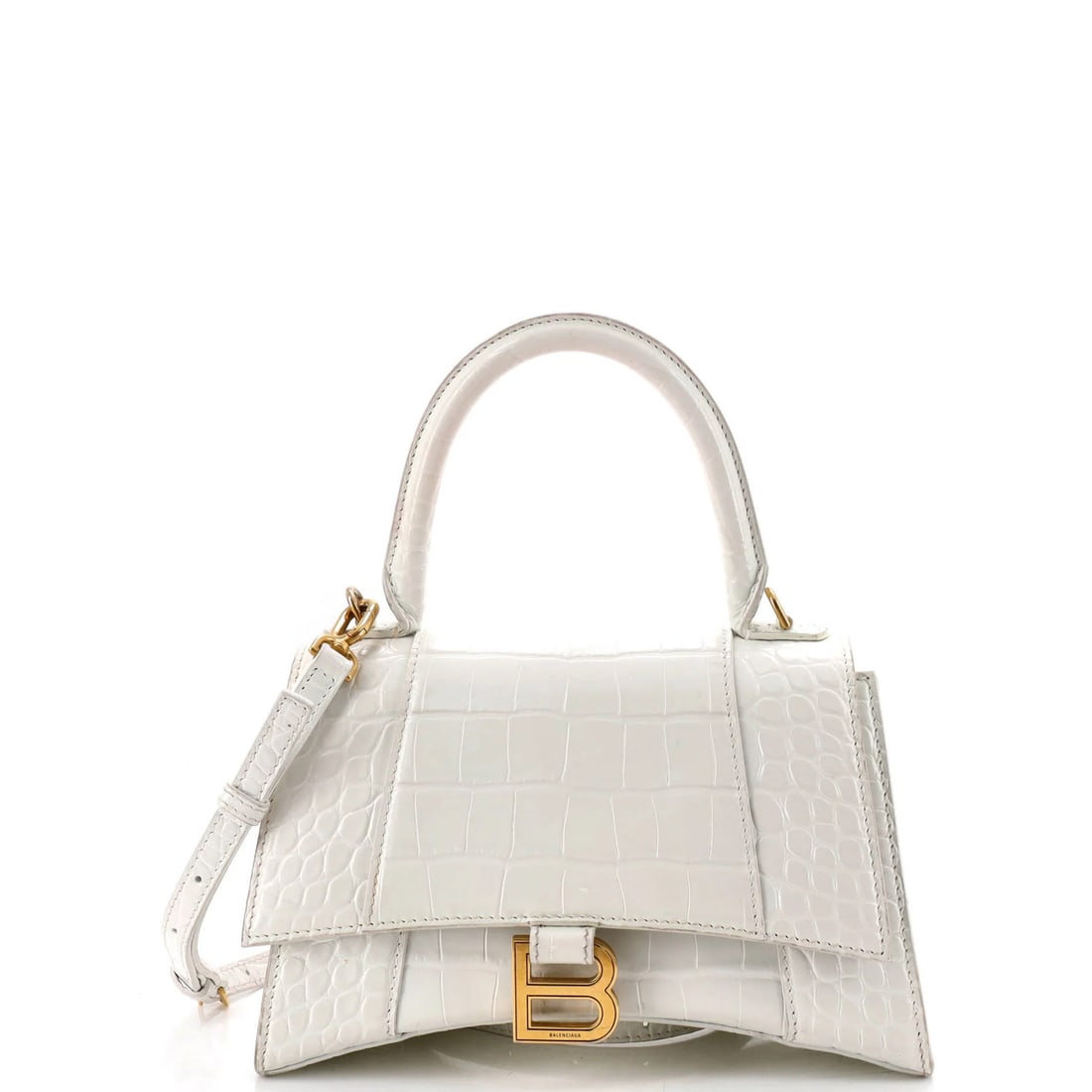 Small hourglass bag leather crocodile embossed top handle balenciaga: Small hourglass bag leather crocodile embossed top handle balenciaga Small hourglass top handle bag in white crocodile embossed leather from Balenciaga, featuring a gold hardware and interior. The