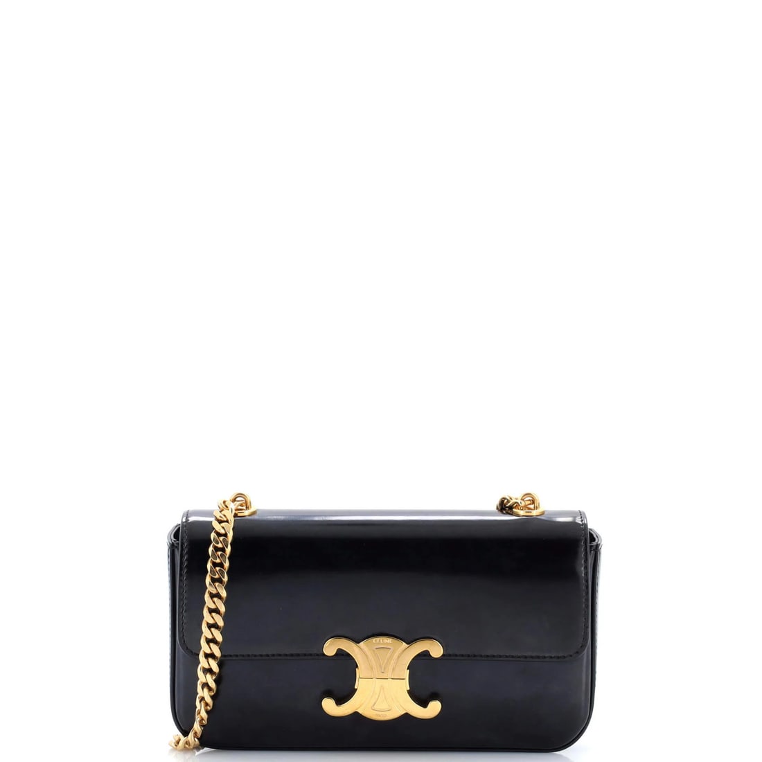 Chain bag leather small shoulder bag triomphe Celine: Chain bag leather small shoulder bag triomphe Celine Small black leather Triomphe Chain Shoulder Bag from Celine features gold hardware and interior, with exterior showing minor creases, scuffs, and c