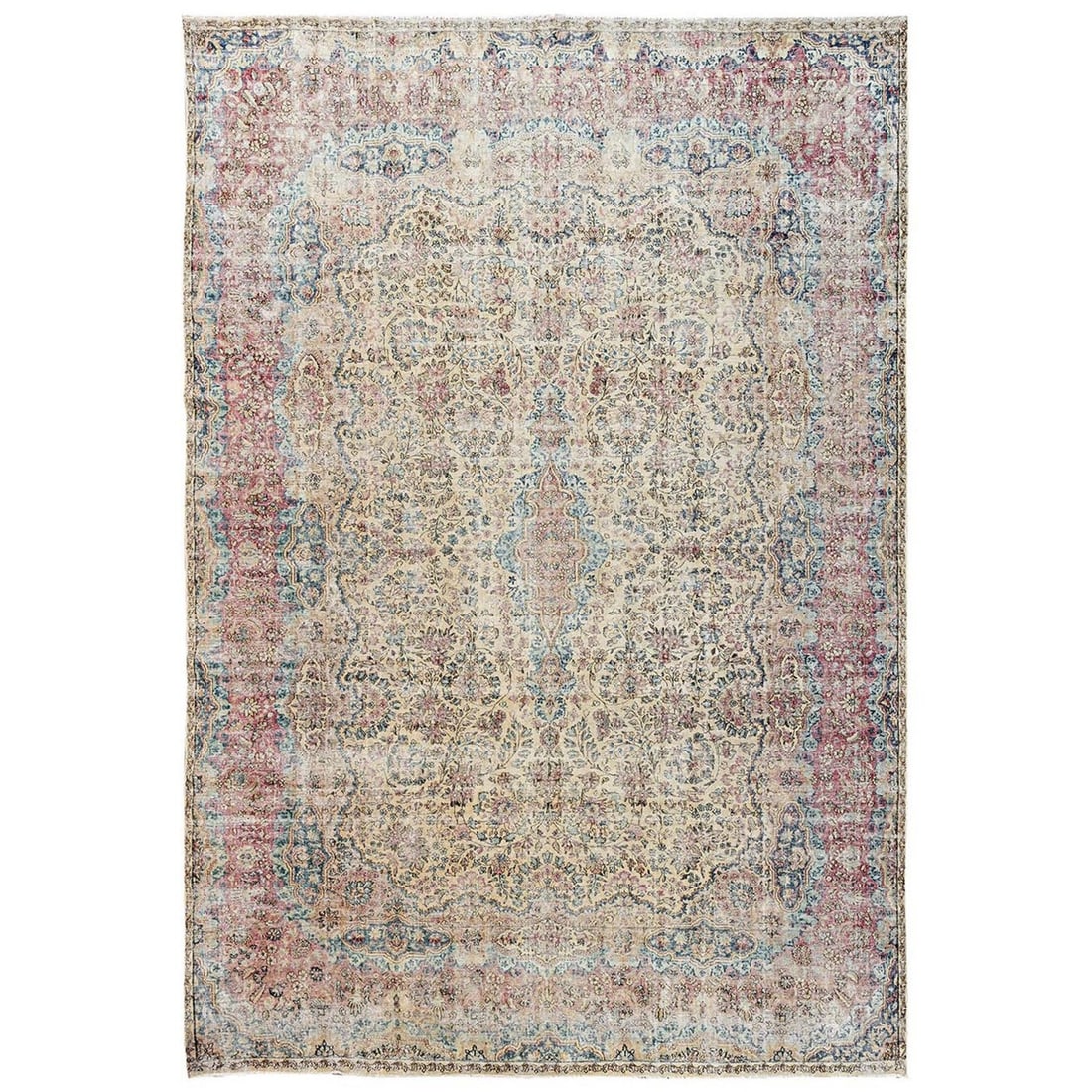 9'9"x14'4" Beige Vintage Zoroastrian Karman Hand Knotted Pure Wool Rug: 9'9"x14'4" Beige Vintage Zoroastrian Karman Hand Knotted Pure Wool Rug This stunning vintage Zoroastrian Karman hand-knotted pure wool rug boasts an all-over rectangular field design in warm beige