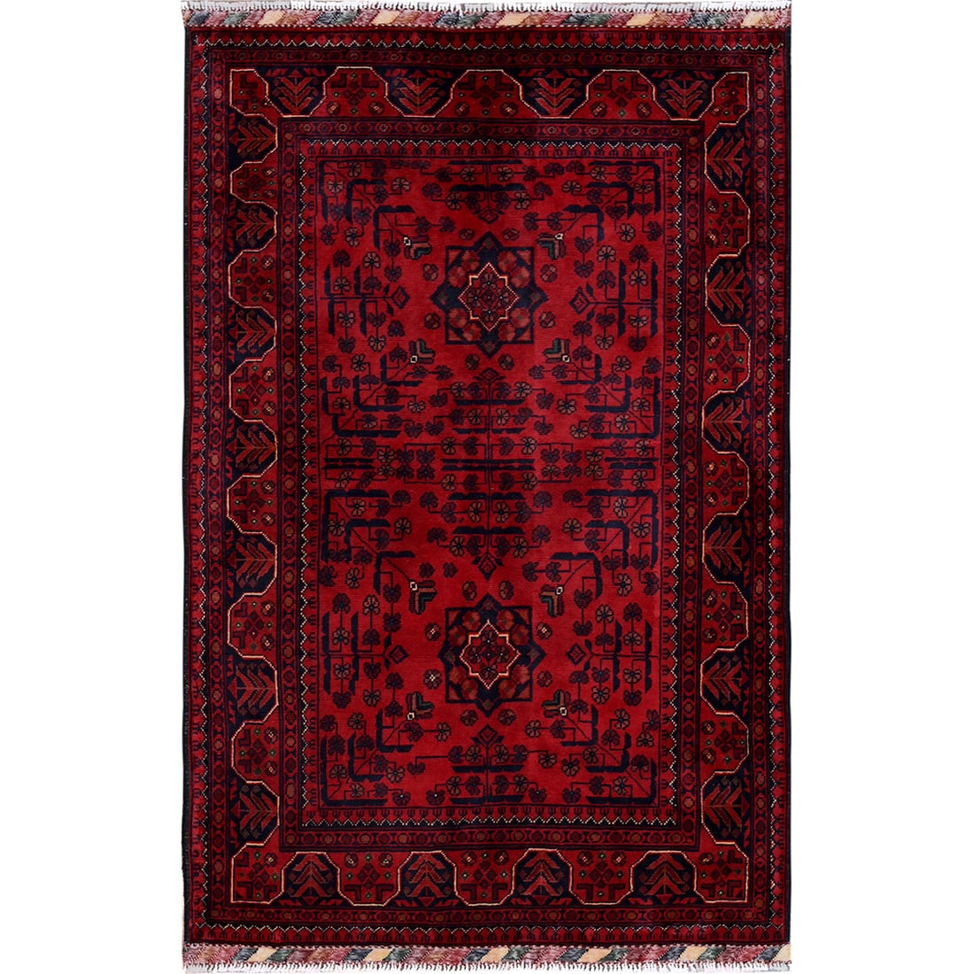 3'3"x5'1" Red Afghan Khamyab Geometric Pattern Soft Wool Hand Knotted Rug: 3'3"x5'1" Red Afghan Khamyab Geometric Pattern Soft Wool Hand Knotted Rug This stunning red Afghan Khamyab Geometric Pattern Soft Wool Hand Knotted Rug measures 3'3" x 5'1". The vibrant red color and