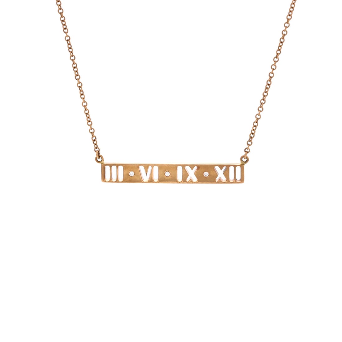 Tiffany & Co. Atlas Pierced Bar Pendant Necklace 18K Rose Gold with Diamonds: Tiffany & Co. Atlas Pierced Bar Pendant Necklace 18K Rose Gold with Diamonds 18K Rose Gold with Diamonds. The Atlas Pierced Bar Pendant Necklace from Tiffany & Co. showcases a stunning design