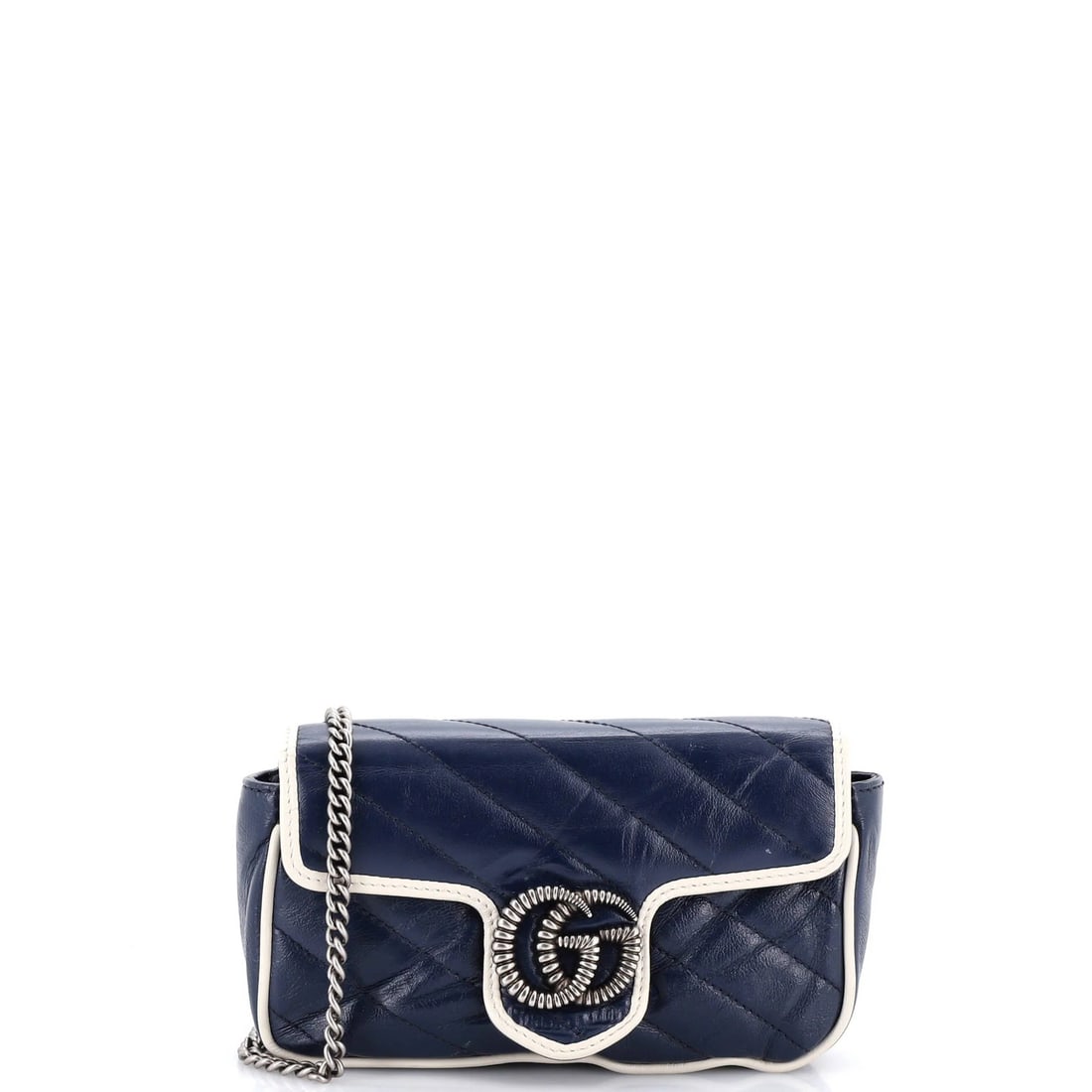 Gucci Quilted Leather Super Mini Bag Diagonal Flap Marmont: Gucci Quilted Leather Super Mini Bag Diagonal Flap Marmont Blue Gucci Quilted Leather Super Mini Bag with Diagonal Flap and Aged Silver Hardware. This cross body bag features a quilted leather exterio
