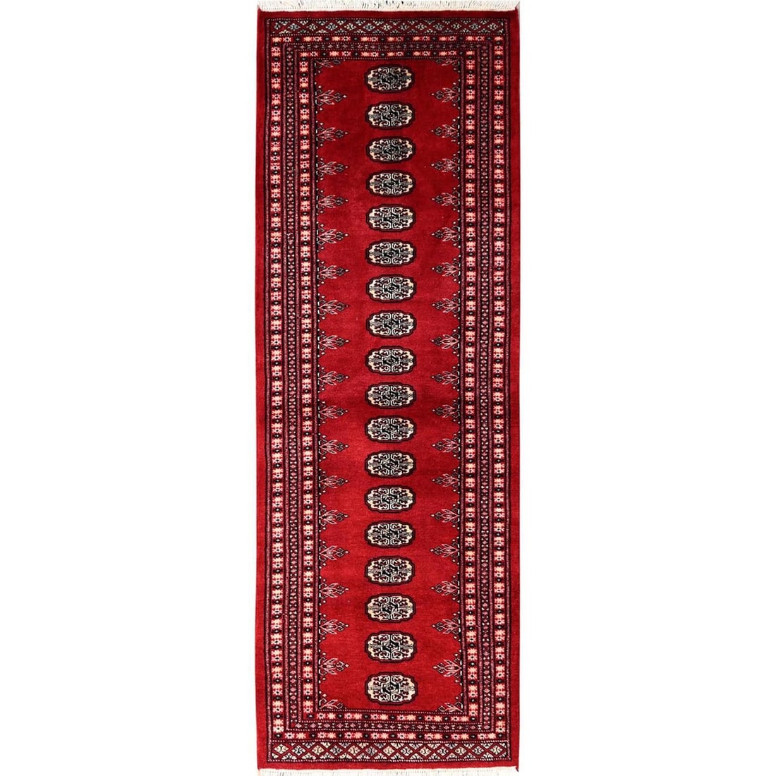2'6"x8' Red Princess Bokara Tribal Medallions Rug Wool Hand Knotted Runner: 2'6"x8' Red Princess Bokara Tribal Medallions Rug Wool Hand Knotted Runner Red Princess Bokara Tribal Medallions Wool Hand Knotted Runner. This stunning, hand-knotted runner features a striking red