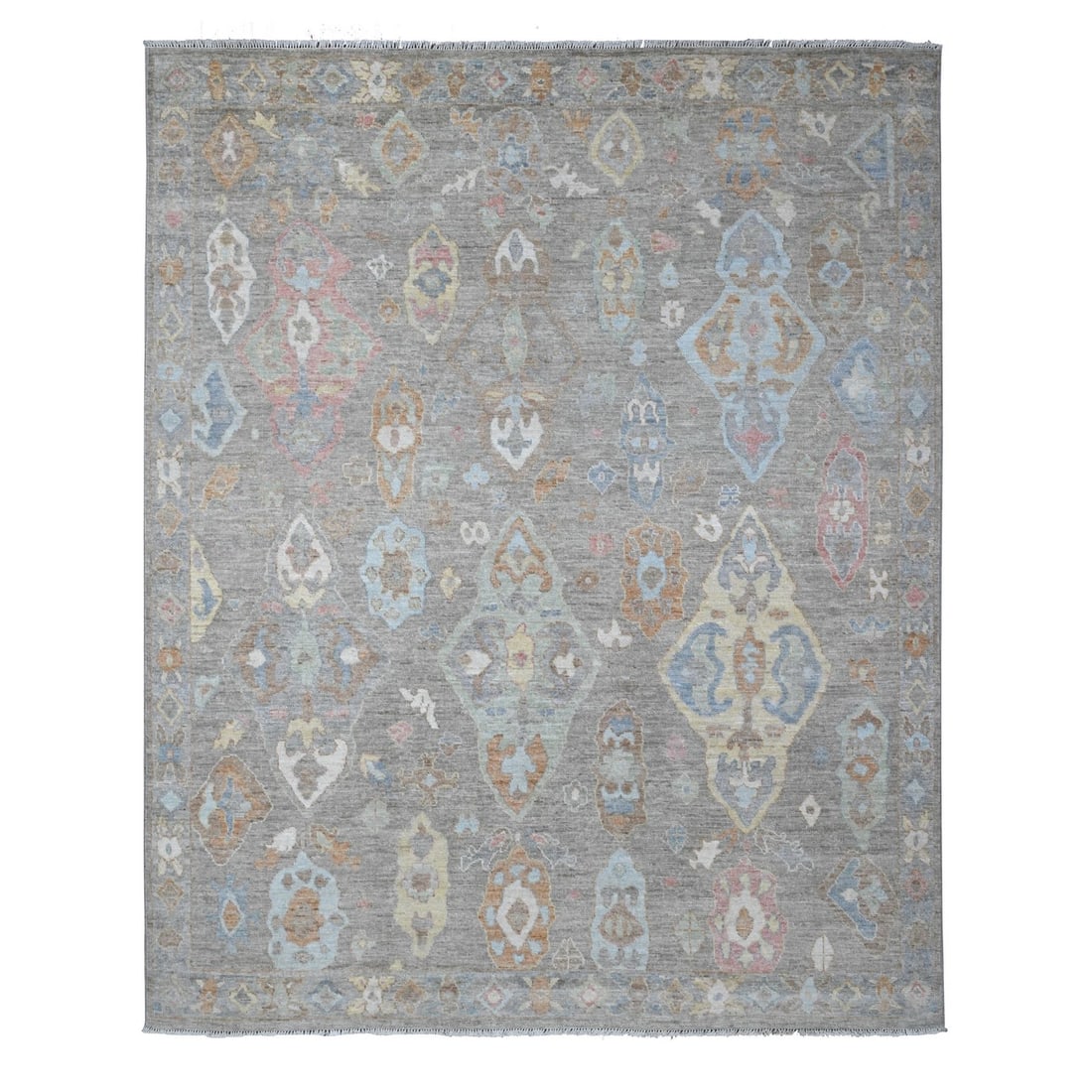 8'x9'8" Anvil Gray Extra Soft Wool Weft Afghan Angora Oushak Oriental Rug: 8'x9'8" Anvil Gray Extra Soft Wool Weft Afghan Angora Oushak Oriental Rug The Oushak rug boasts an impressive size, measuring 7'11" x 9'8", with a rich grey field and intricate hand-knotted wool