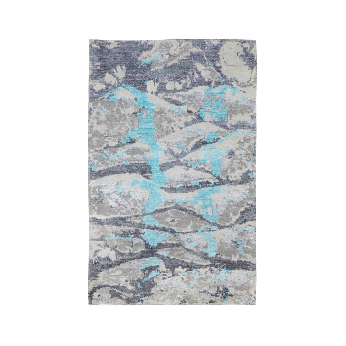 Rug hand knotted wool silk aquamarine oriental modern design: Rug hand knotted wool silk aquamarine oriental modern design Hand-knotted wool and silk rug in an abstract Oriental design, featuring a grey field with subtle aquamarine accents. This unique piece