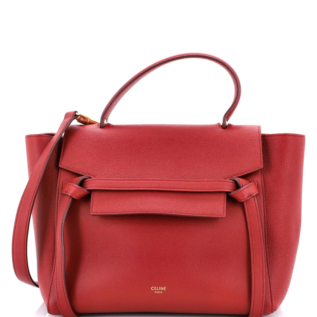 Celine Belt Bag Textured Leather Micro: Celine Belt Bag Textured Leather Micro The Celine Belt Bag Textured Leather Micro in red features a top handle and textured leather exterior, with minor scuffs on the exterior and interior. The bag me