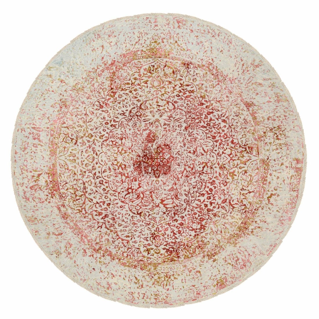 9'8"x9'8" Wool and Pure Silk Hand Knotted Pink Farsian Design Round Rug: 9'8"x9'8" Wool and Pure Silk Hand Knotted Pink Farsian Design Round Rug The 9'8"x9'8" Wool and Pure Silk Hand Knotted Pink Farsian Design Round Rug boasts an exquisite Oriental design, woven from the 
