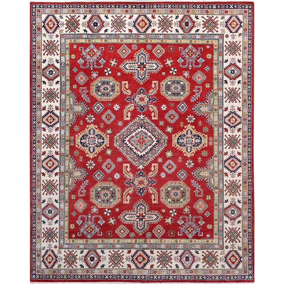 8'1"x10' Geranium Red Hand Knotted Shiny Wool Kazak Design Oriental Rug: 8'1"x10' Geranium Red Hand Knotted Shiny Wool Kazak Design Oriental Rug The vibrant red hues and intricate Kazak design make this hand-knotted wool rug a stunning addition to any room. Made from high-