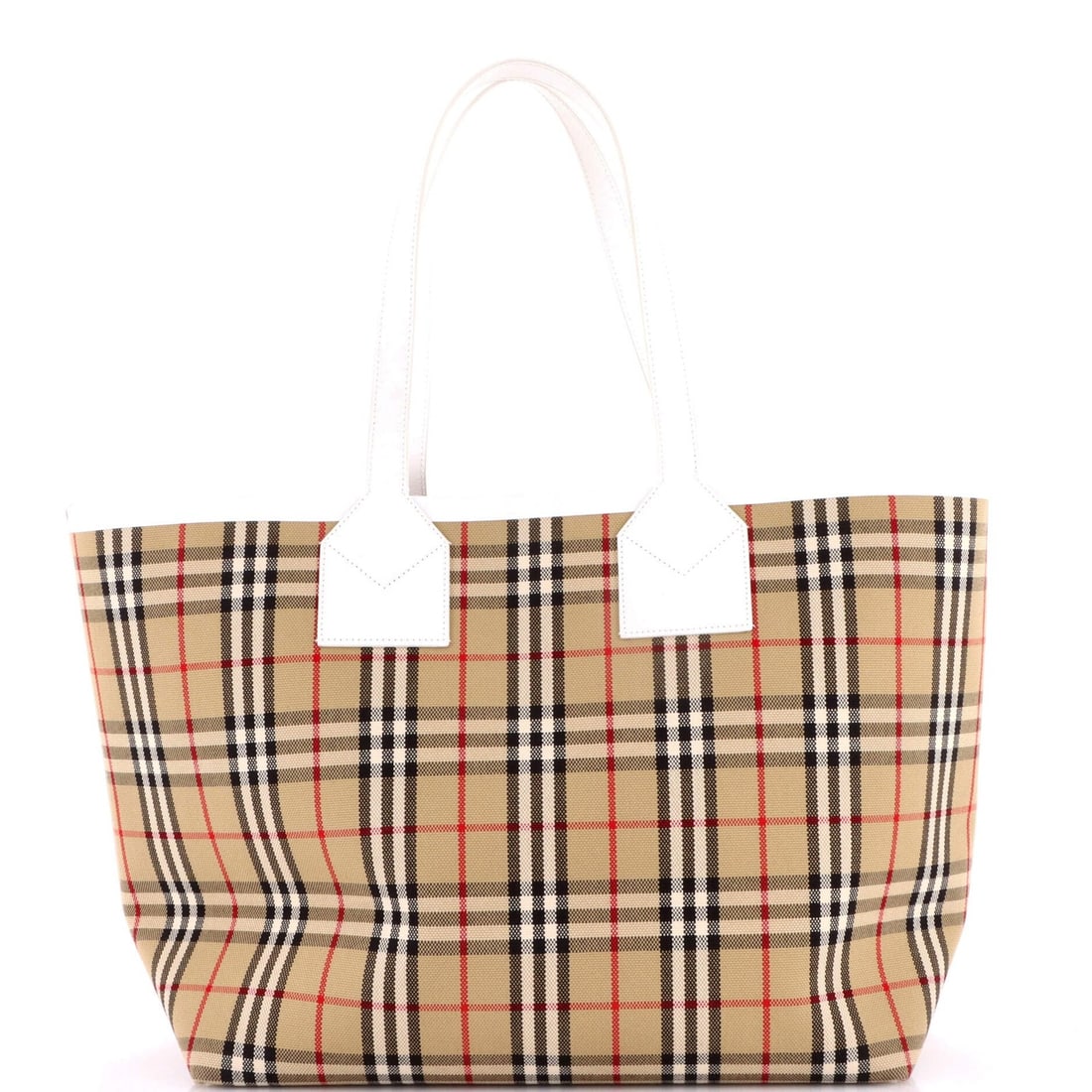 London Tote Burberry Vintage Large Check Canvas: London Tote Burberry Vintage Large Check Canvas Brown canvas tote bag with vintage large check pattern, featuring gold hardware and a base shaper pochette. This classic London Tote measures 11.5"
