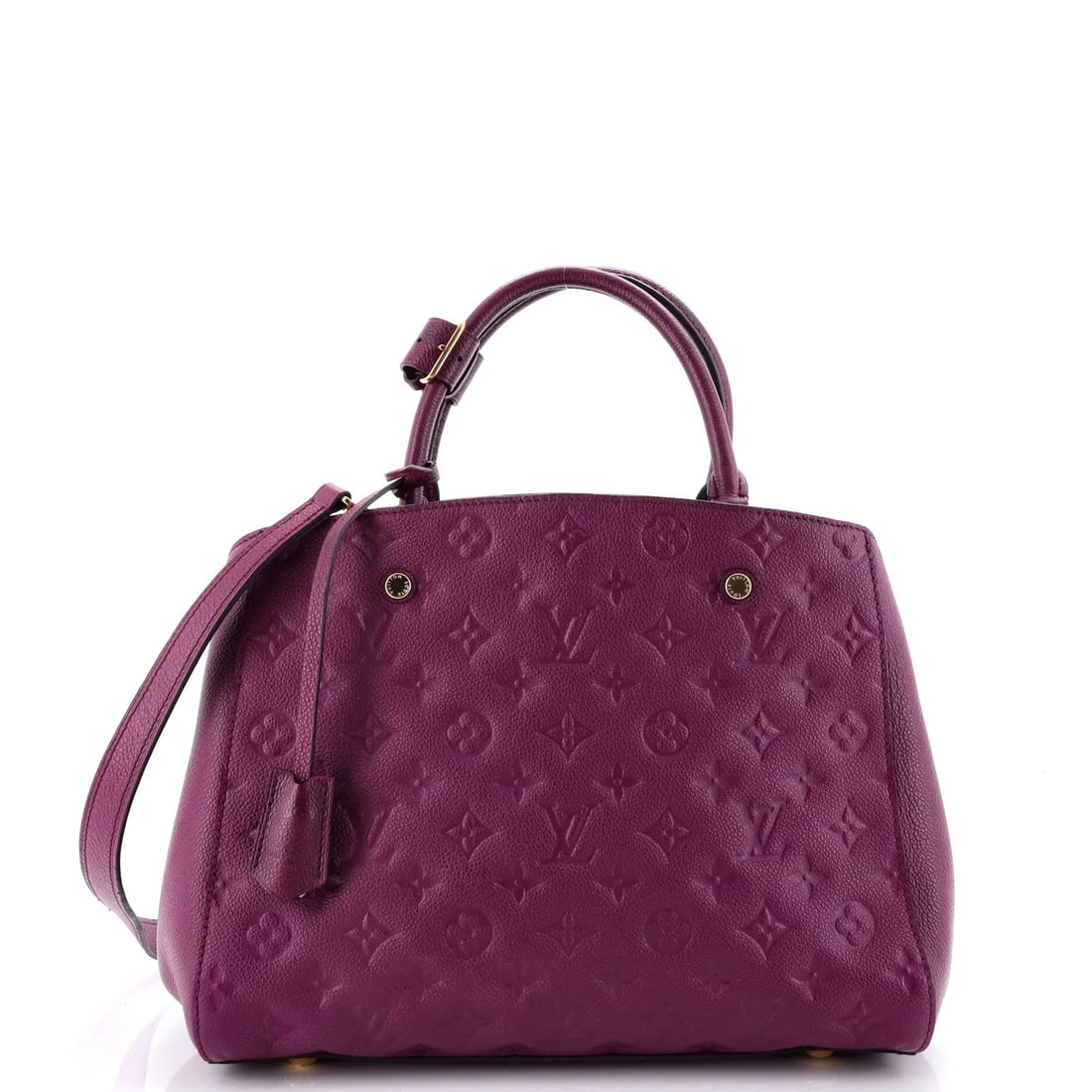 Montaigne Handbag MM Leather Empreinte Monogram Louis Vuitton: Montaigne Handbag MM Leather Empreinte Monogram Louis Vuitton The Montaigne Handbag MM Leather Empreinte Monogram Louis Vuitton features a rich purple exterior with an iconic monogram pattern,