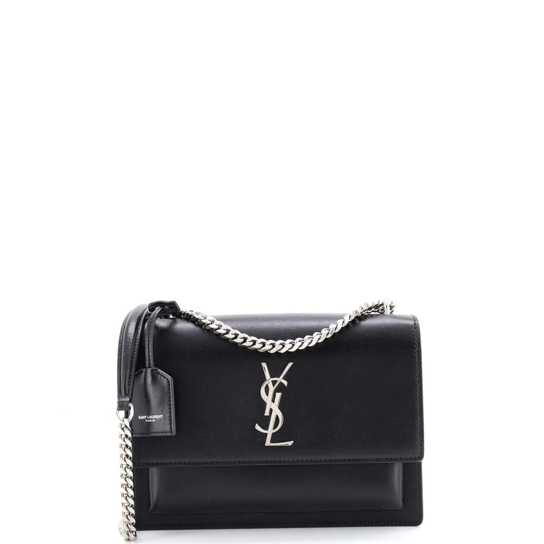 Saint Laurent Sunset Crossbody Bag Leather Medium: Saint Laurent Sunset Crossbody Bag Leather Medium The Saint Laurent Sunset Crossbody Bag Leather Medium boasts sleek, all-black leather exterior with subtle minor corner wear and creases. With its