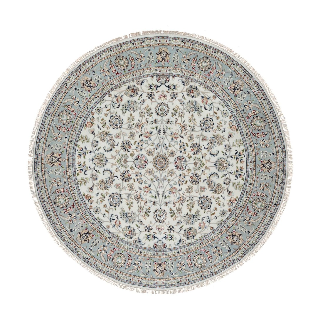 8'x8' Pearl White, 250 KPSI, Nain, Wool and Silk, Hand Knotted, Round Rug: 8'x8' Pearl White, 250 KPSI, Nain, Wool and Silk, Hand Knotted, Round Rug The Nain hand-knotted rug boasts an elegant ivory color, perfectly complemented by the subtle sheen of silk and wool. Its