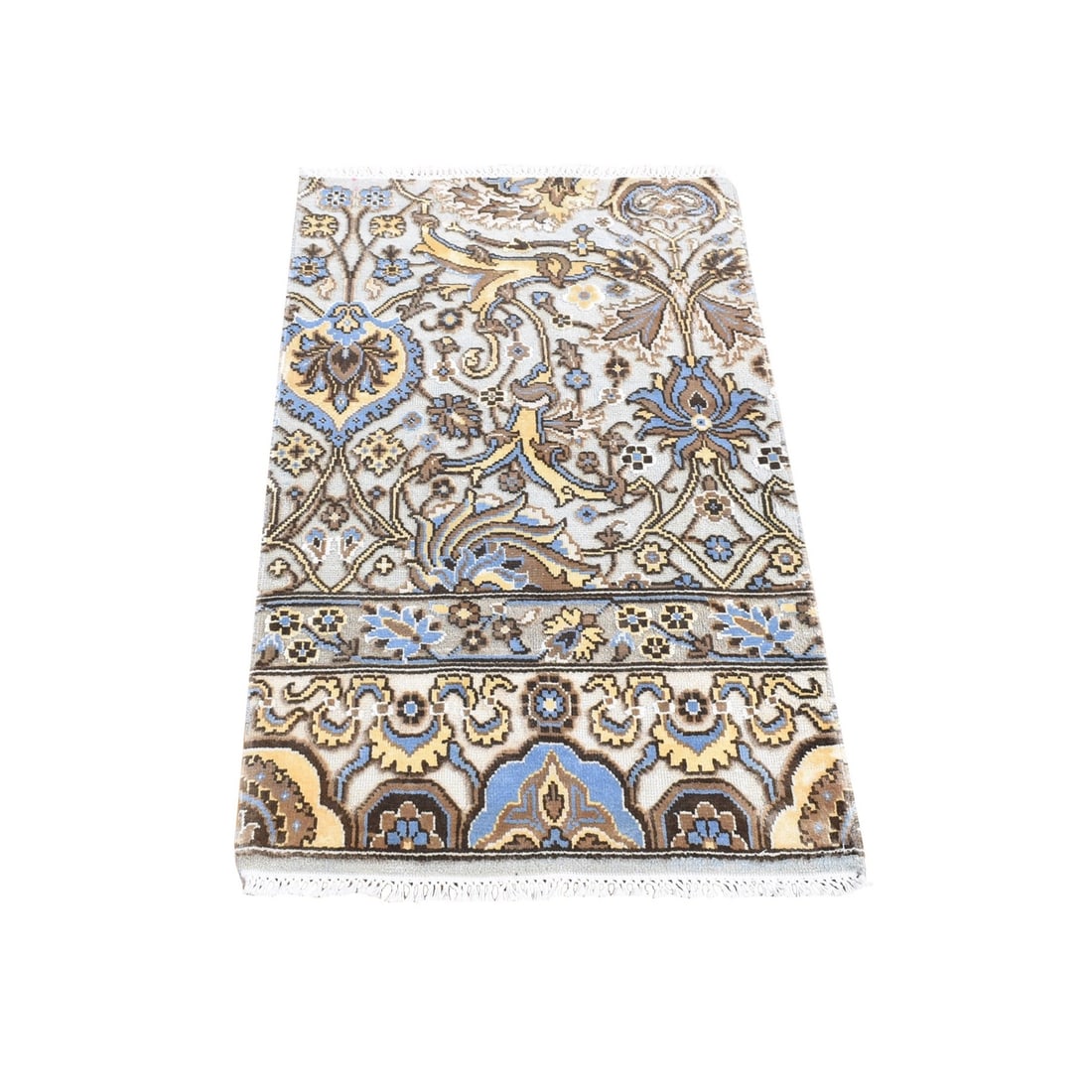 2'x3'2" Gray Rajasthan Design Hand Knotted Wool Mat Fragment Sample Rug: 2'x3'2" Gray Rajasthan Design Hand Knotted Wool Mat Fragment Sample Rug The Rajasthan design hand knotted wool mat fragment sample rug boasts a stunning grey color and intricate pattern, showcasing th