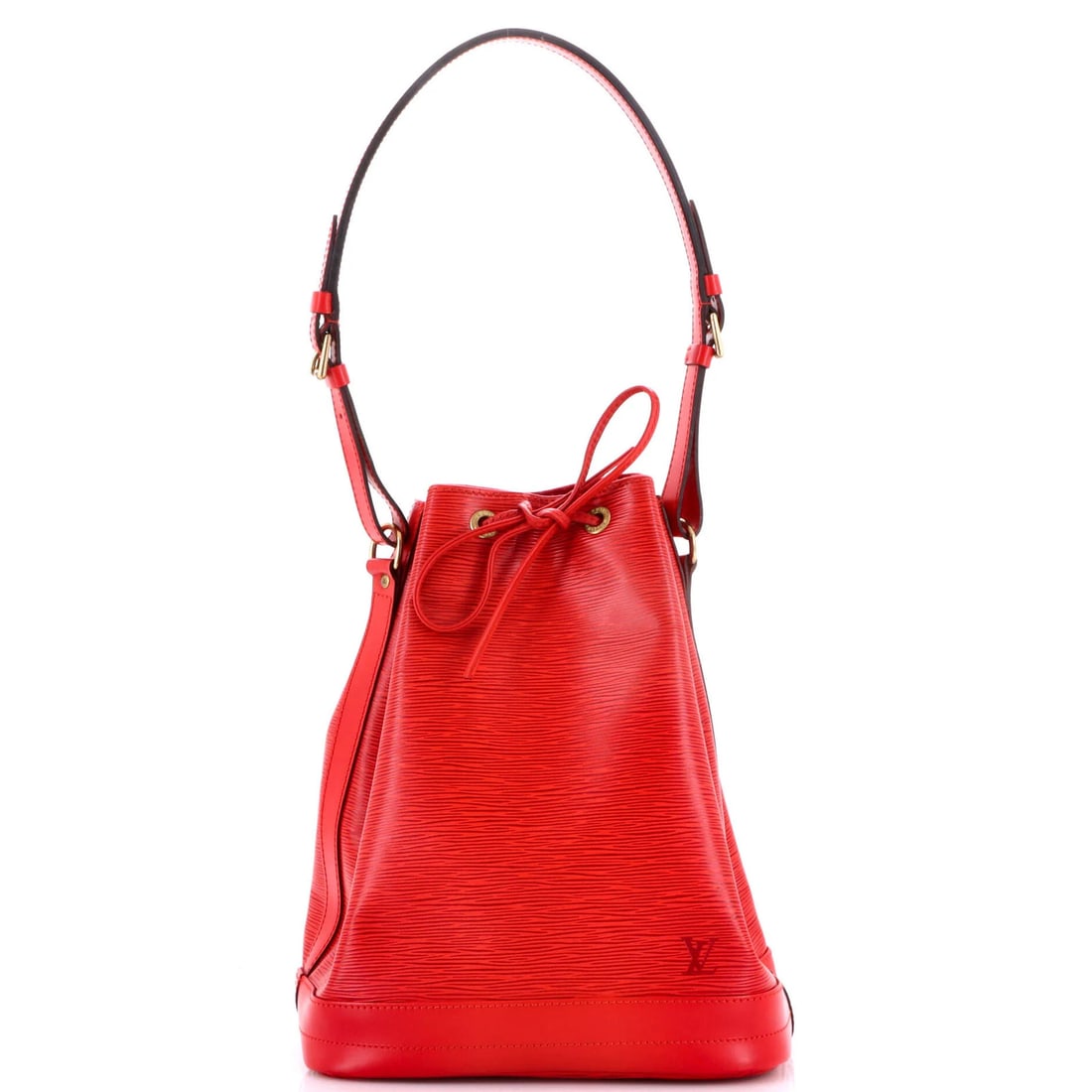 Noe Handbag Large Epi Leather Louis Vuitton: Noe Handbag Large Epi Leather Louis Vuitton Red Louis Vuitton Noe Handbag in Epi Leather features a classic bucket style with gold hardware and a spacious interior. The exterior shows signs of wear, i