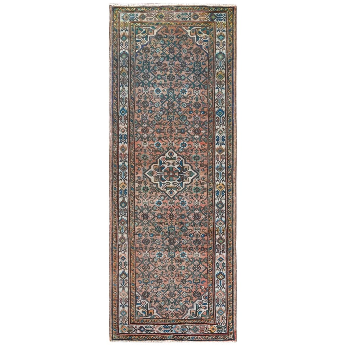 3'6"x9'7" Red Vintage Farsian Worn Wool Hand Knotted Runner Rug: 3'6"x9'7" Red Vintage Farsian Worn Wool Hand Knotted Runner Rug The 3'6"x9'7" Red Vintage Farsian Worn Wool Hand Knotted Runner Rug boasts an impressive size and a stunning red color, characteristic o
